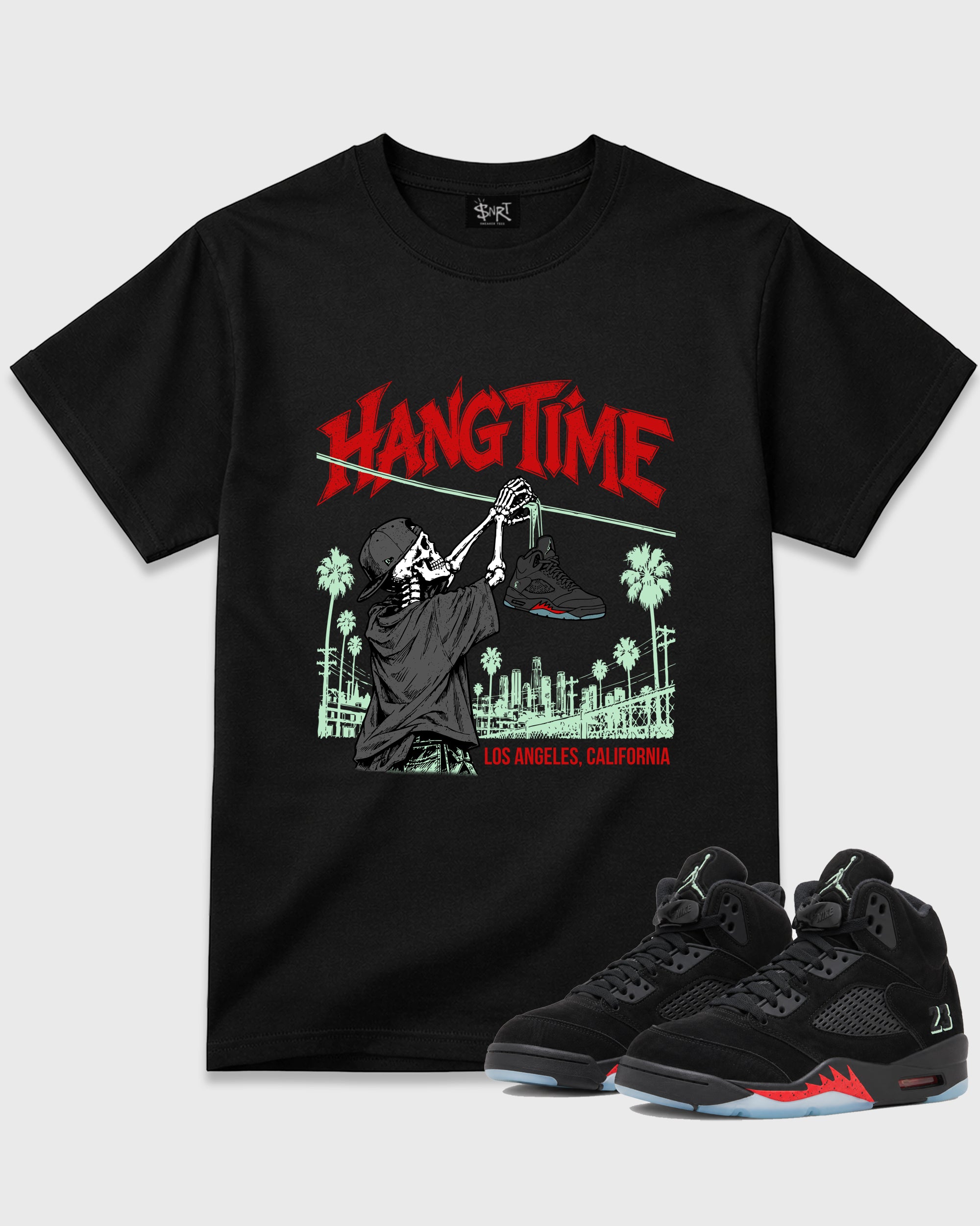 Hang Time Graphic T-Shirt featuring original streetwear artwork designed to match the Air Jordan 5 Halloween. Black 1 Graphic T-Shirt.