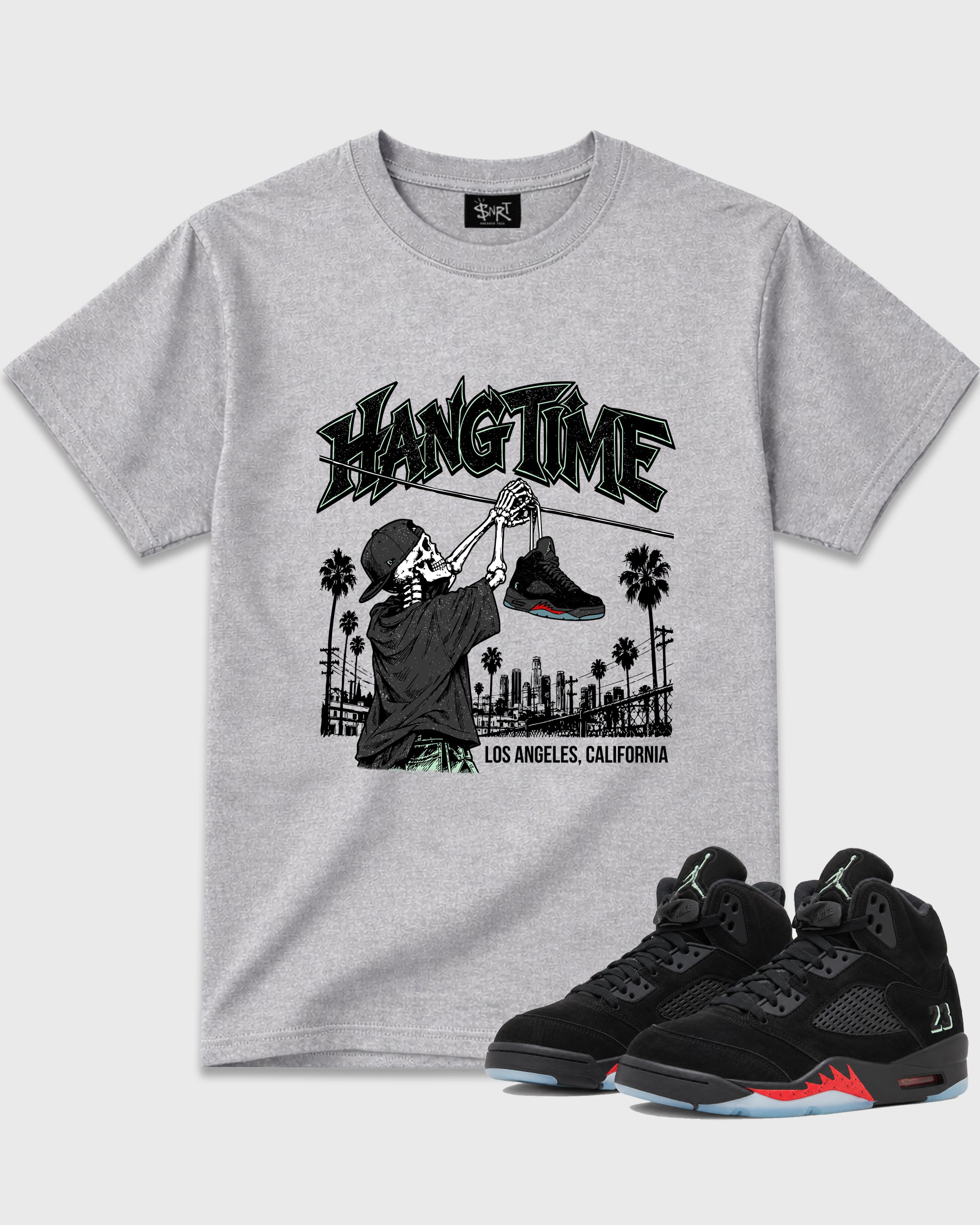 Hang Time Graphic T-Shirt featuring original streetwear artwork designed to match the Air Jordan 5 Halloween. Heather Grey 1 Graphic T-Shirt.