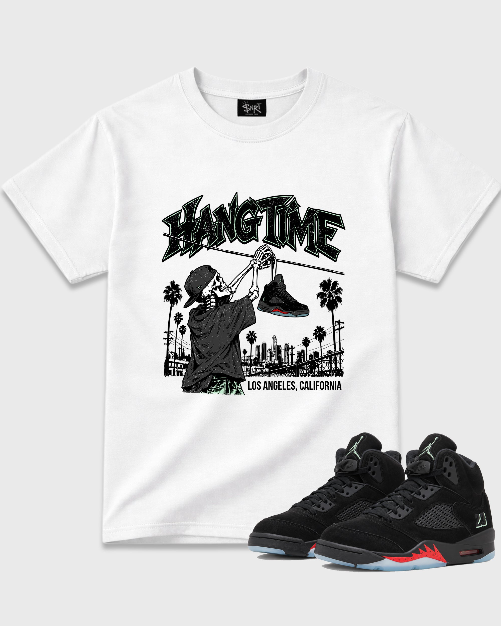Hang Time Graphic T-Shirt featuring original streetwear artwork designed to match the Air Jordan 5 Halloween. White 1 Graphic T-Shirt.