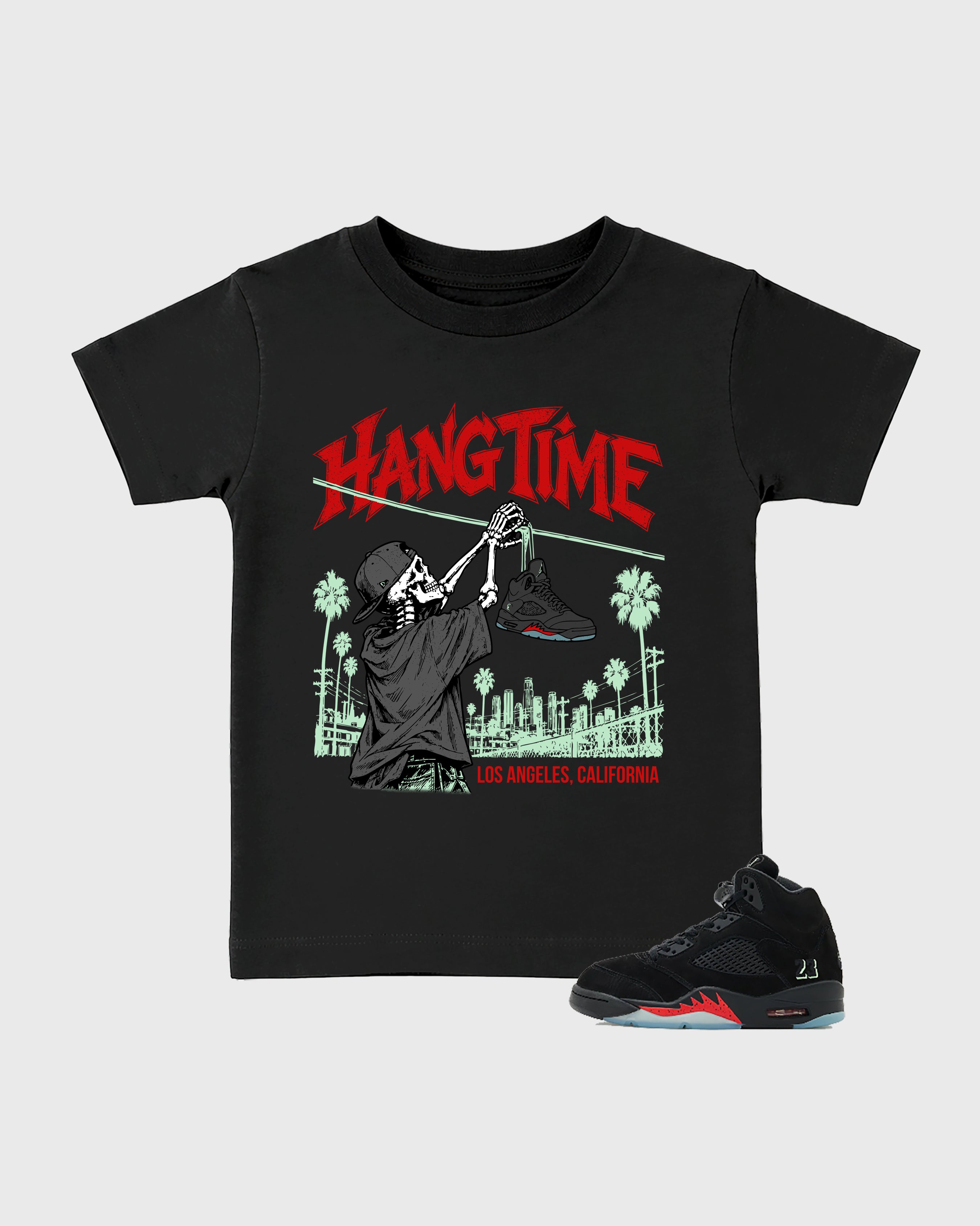Hang Time Baby & Kids Graphic T-Shirt featuring original artwork designed to match the Air Jordan 5 Halloween. Black 1 Kids Graphic Tee.
