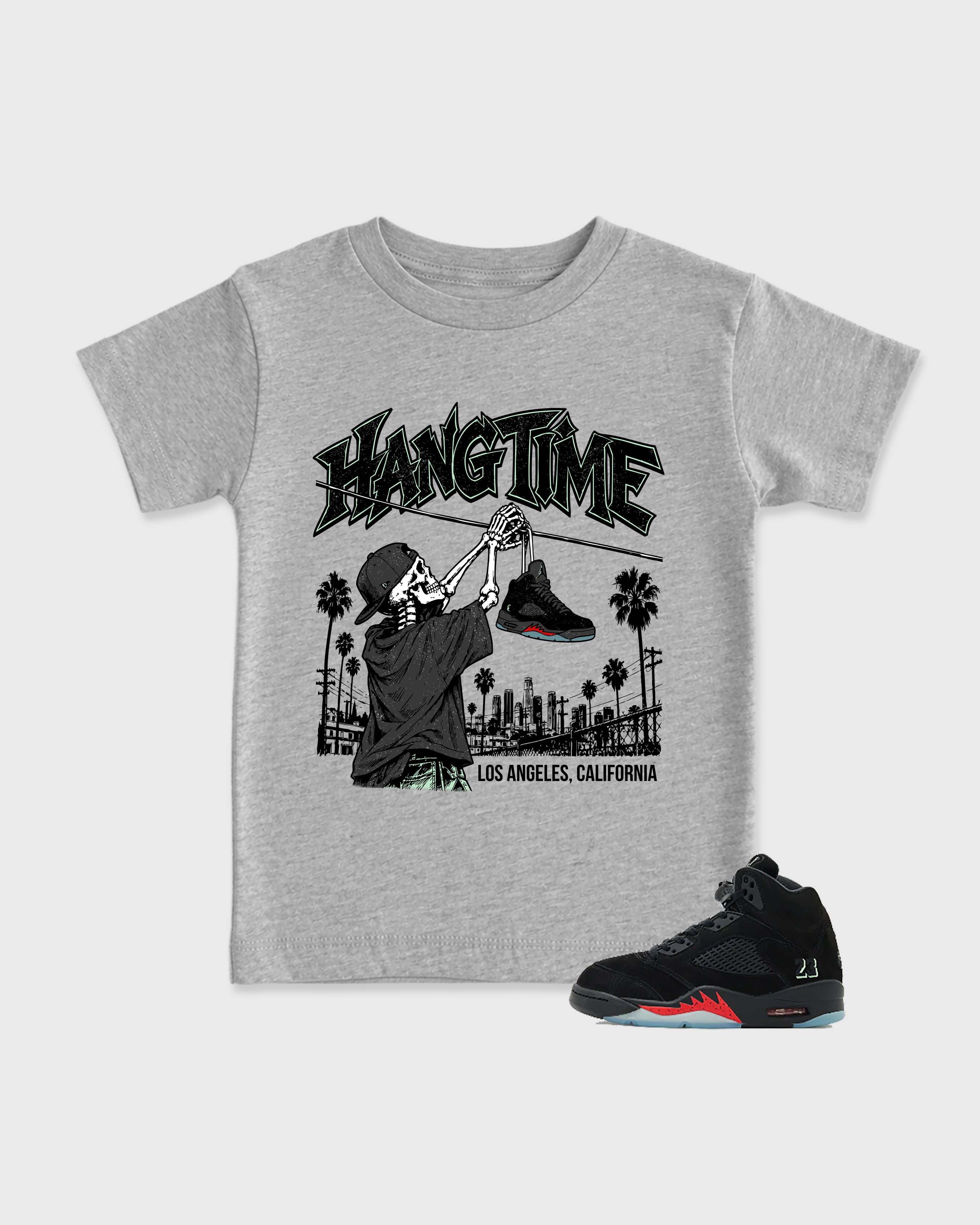 Hang Time Baby & Kids Graphic T-Shirt featuring original artwork designed to match the Air Jordan 5 Halloween. Heather Grey 1 Kids Graphic Tee.