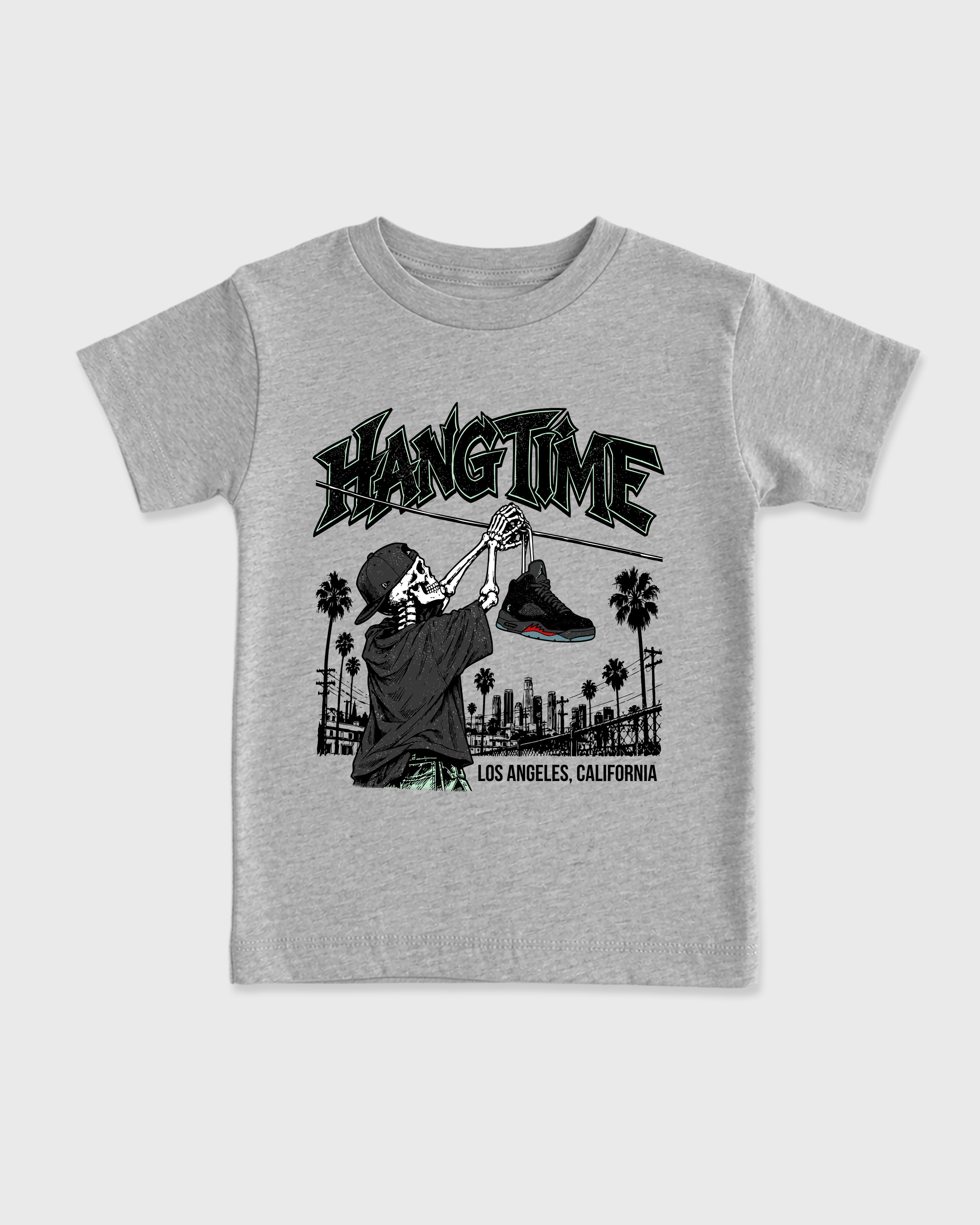 Hang Time Baby & Kids Graphic T-Shirt featuring original artwork designed to match the Air Jordan 5 Halloween. Heather Grey 2 Kids Graphic Tee.