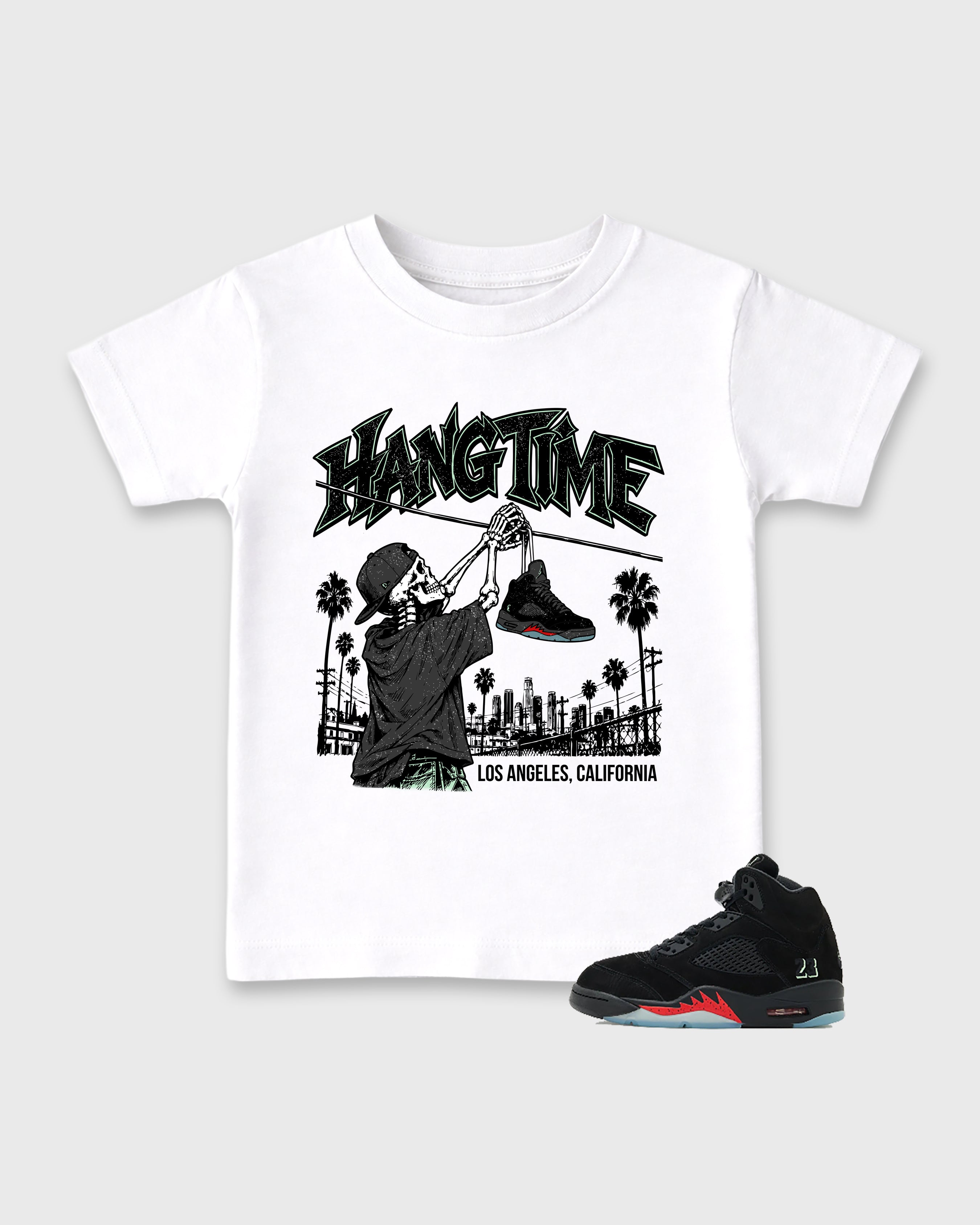 Hang Time Baby & Kids Graphic T-Shirt featuring original artwork designed to match the Air Jordan 5 Halloween. White 1 Kids Graphic Tee.