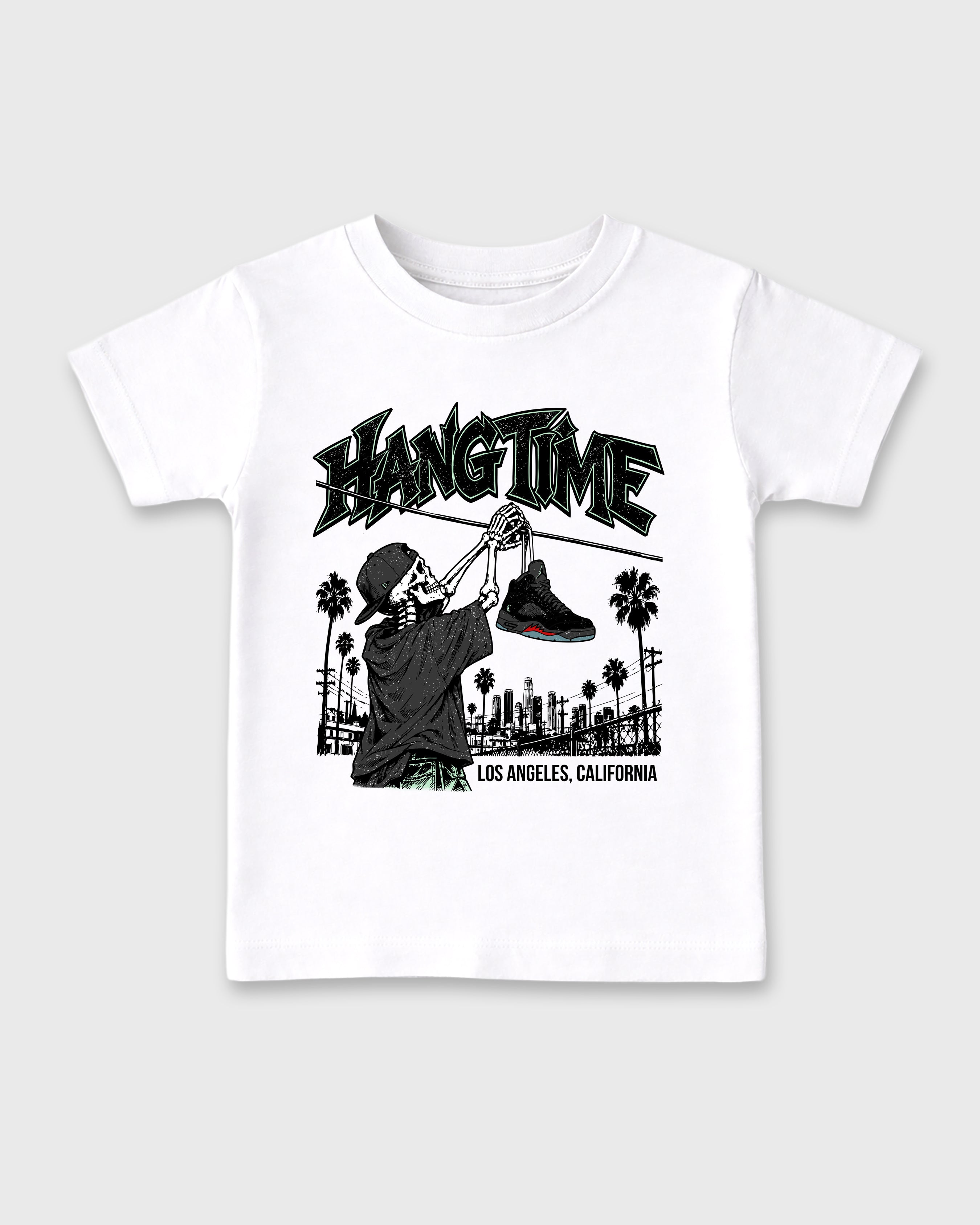 Hang Time Baby & Kids Graphic T-Shirt featuring original artwork designed to match the Air Jordan 5 Halloween. White 2 Kids Graphic Tee.