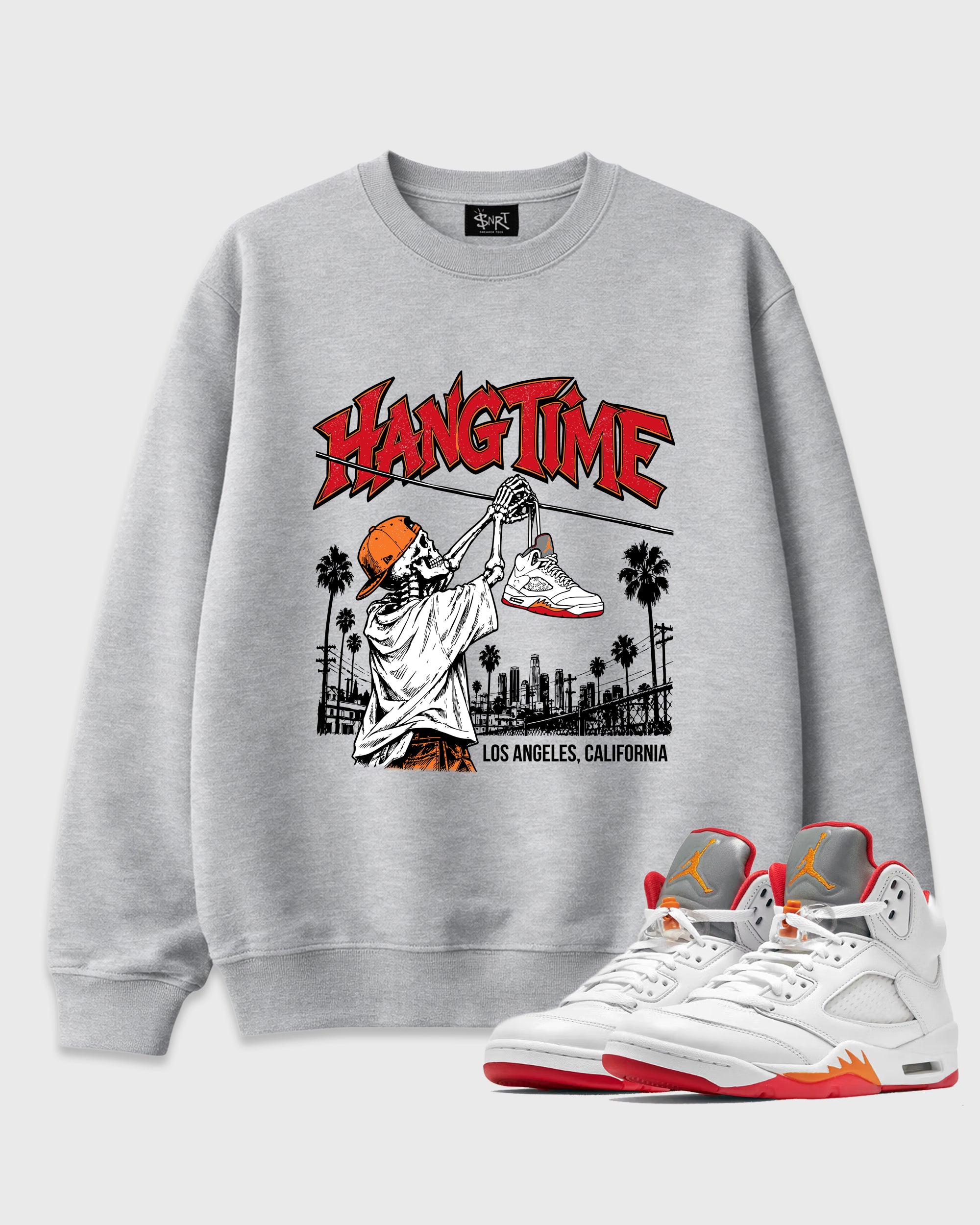 Hang Time Graphic T-Shirt featuring original streetwear artwork designed to match the Air Jordan 5 Sunset. Heather Grey 1 Graphic Tee.