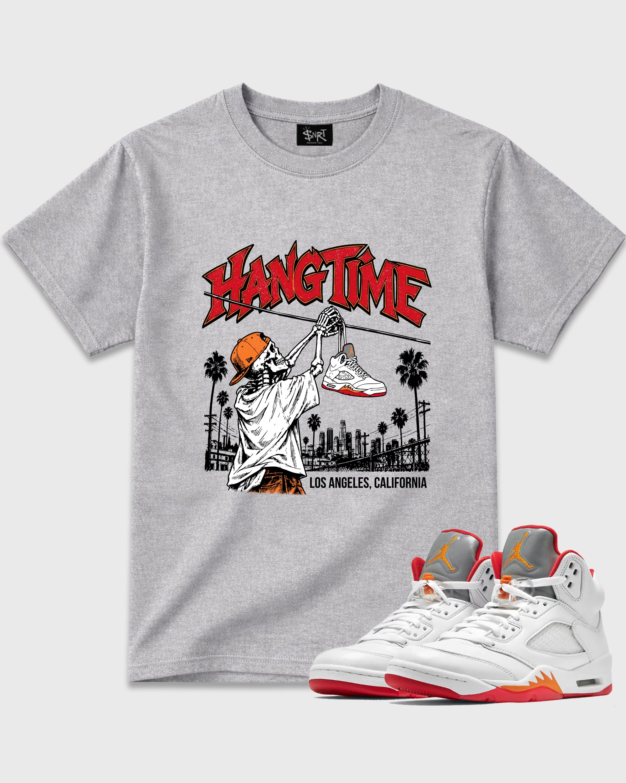 Hang Time Graphic T-Shirt featuring original streetwear artwork designed to match the Air Jordan 5 Sunset. Heather Grey 1 Graphic T-Shirt.