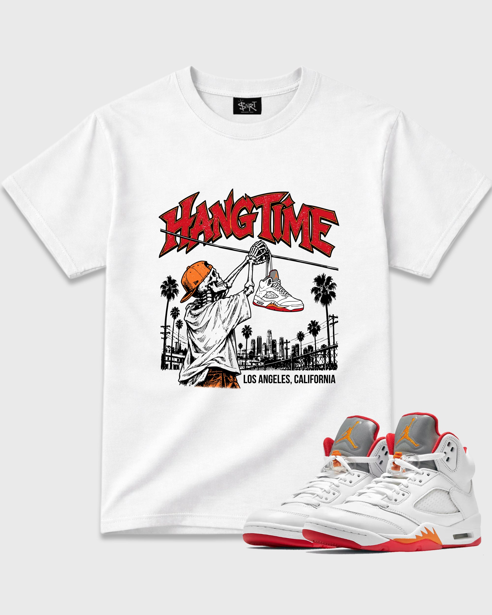 Hang Time Graphic T-Shirt featuring original streetwear artwork designed to match the Air Jordan 5 Sunset. White 1 Graphic T-Shirt.