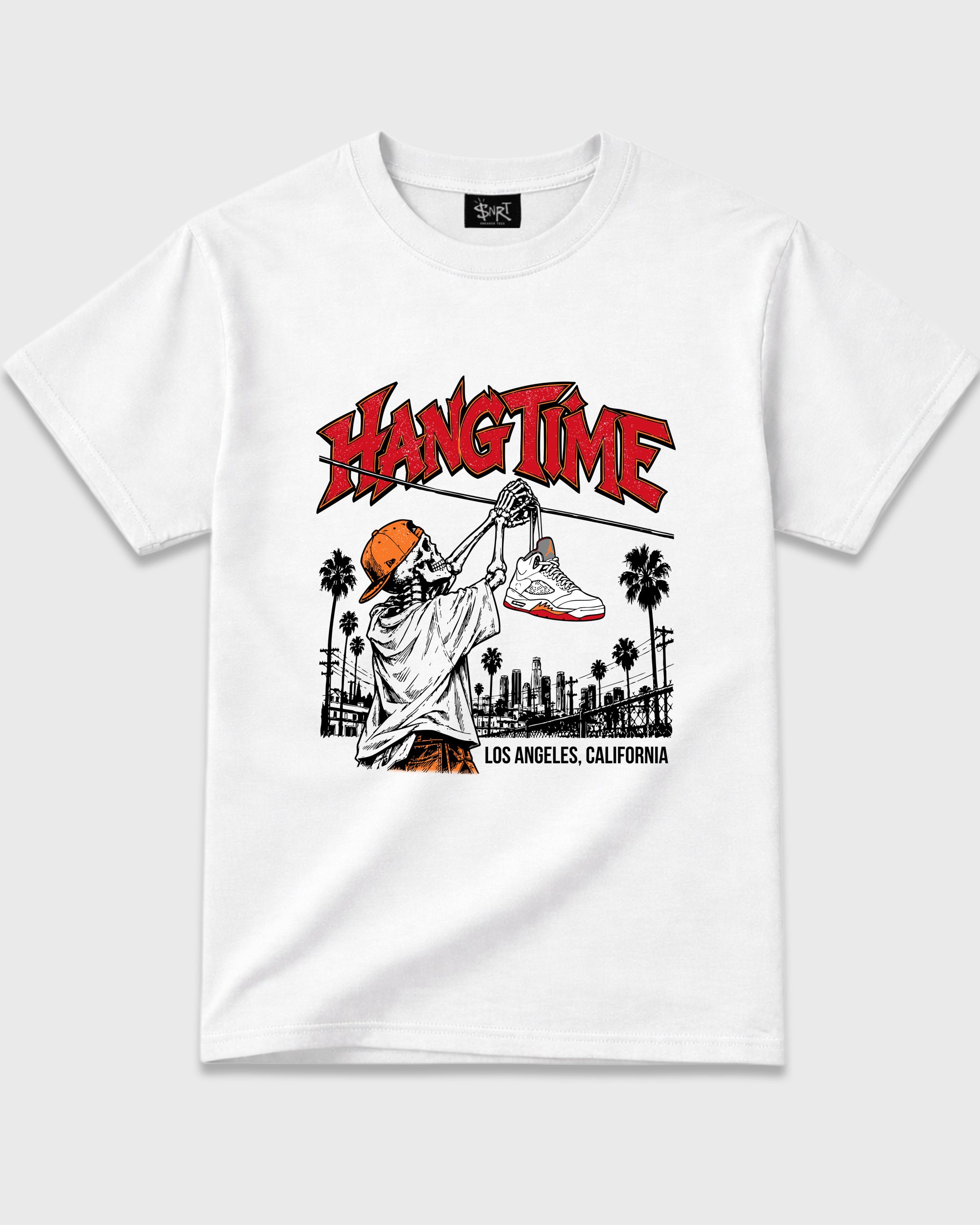 Hang Time Graphic T-Shirt featuring original streetwear artwork designed to match the Air Jordan 5 Sunset. White 2 Graphic T-Shirt.