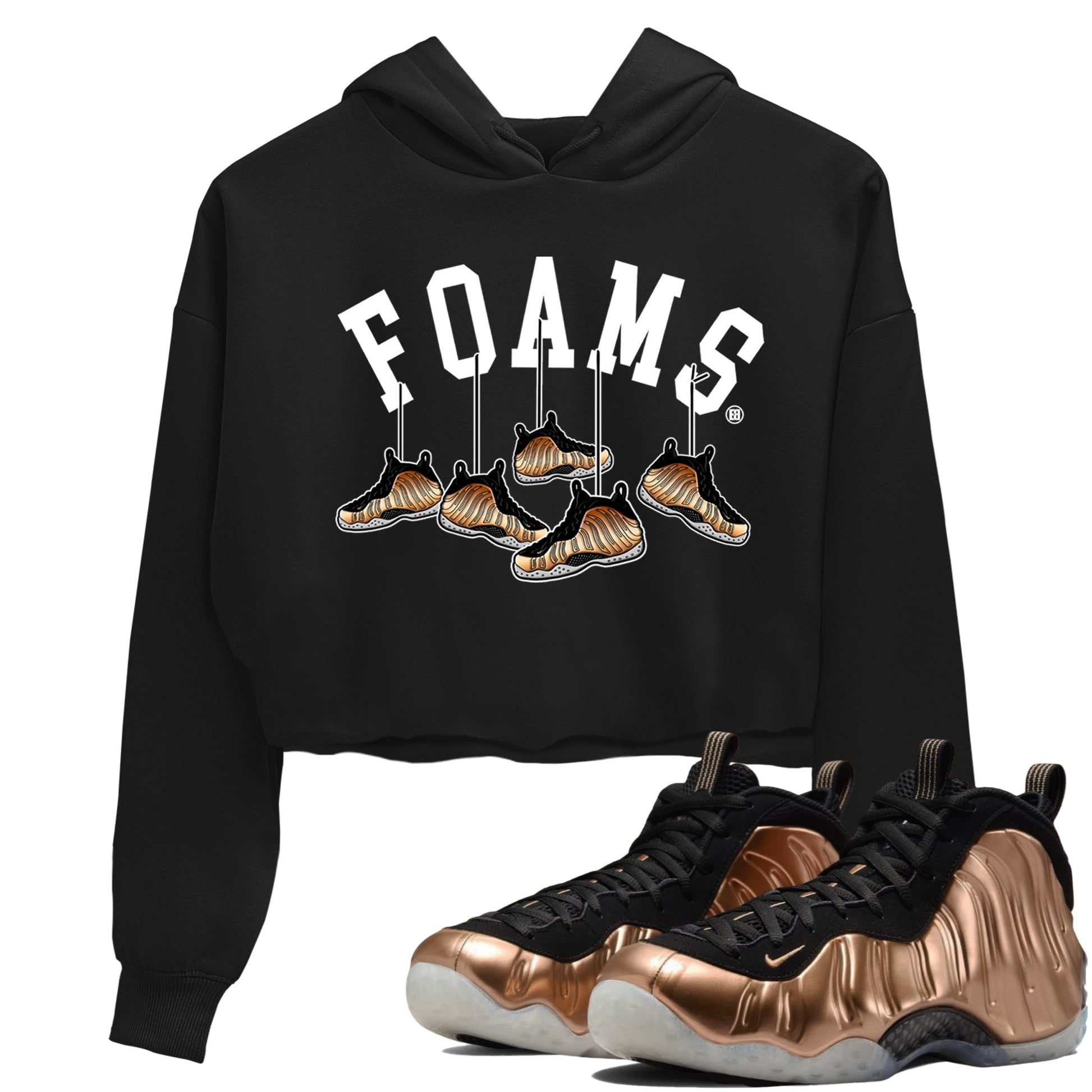 Foams One Metallic Copper shirts to match jordans Hanging Sneakers sneaker match tees Air Foamposite One Metallic Copper match shoes to clothes SNRT Sneaker Tees unisex cotton Black 1 crop tee