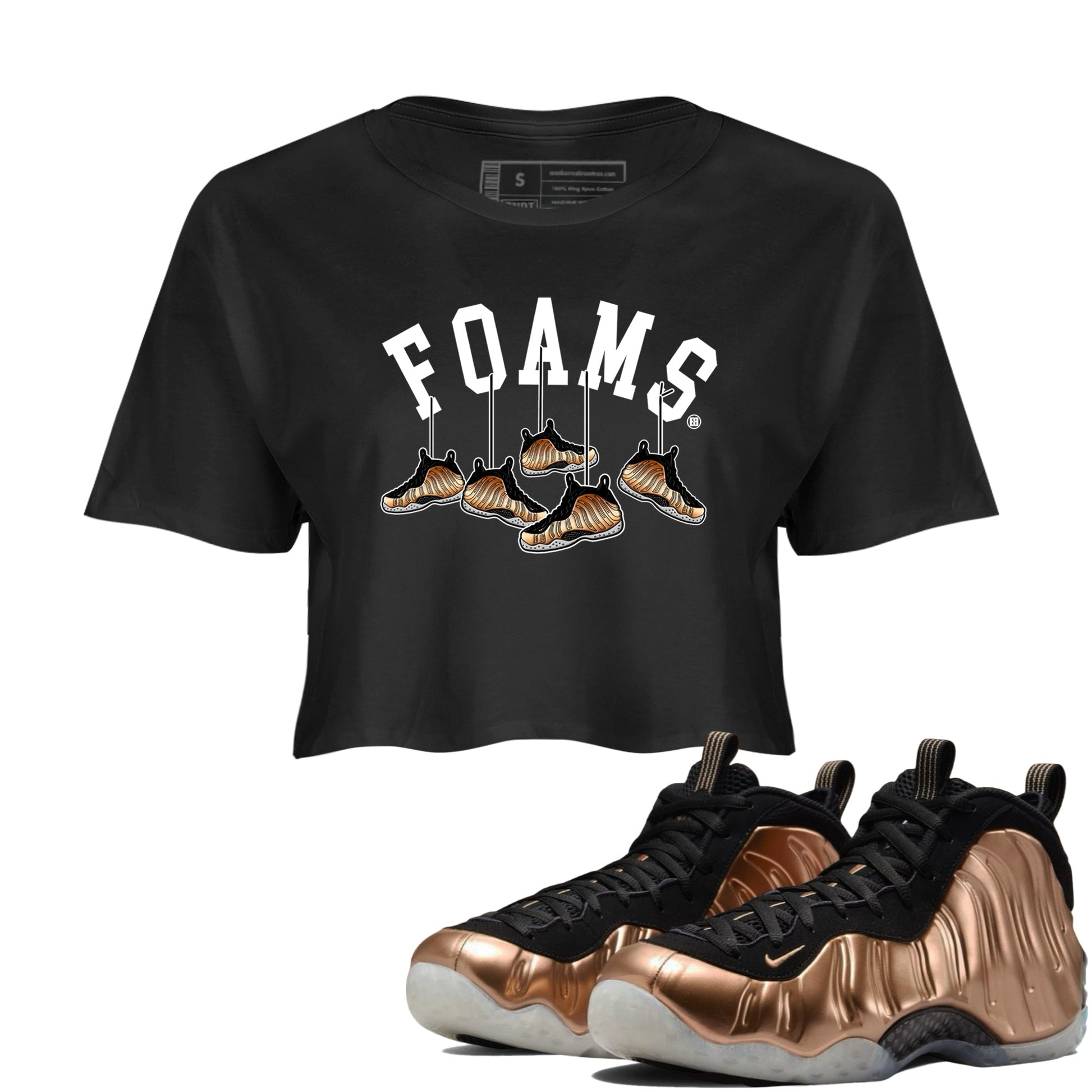 Foams One Metallic Copper shirts to match jordans Hanging Sneakers sneaker match tees Air Foamposite One Metallic Copper match shoes to clothes SNRT Sneaker Tees unisex cotton Black 1 crop tee