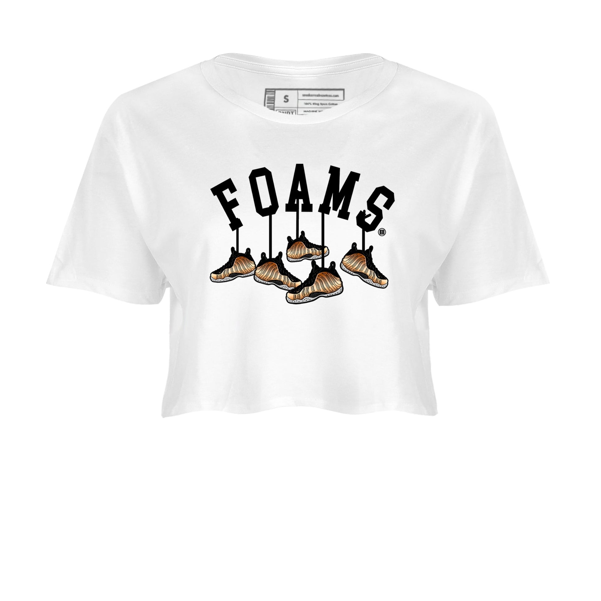 Foams One Metallic Copper shirts to match jordans Hanging Sneakers sneaker match tees Air Foamposite One Metallic Copper match shoes to clothes SNRT Sneaker Tees unisex cotton White 2 crop tee