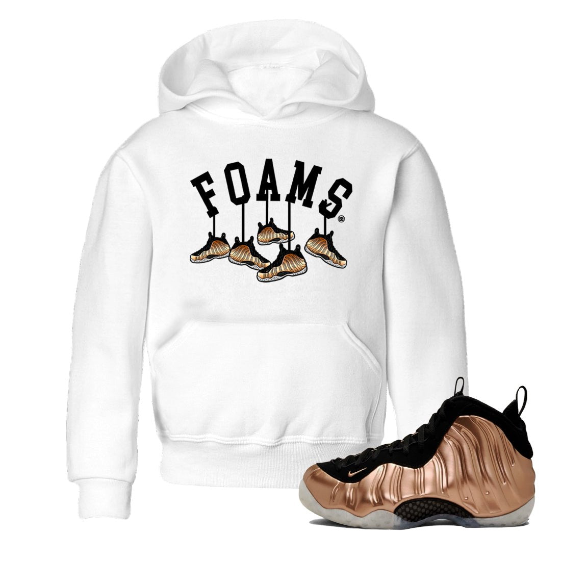 Foams One Metallic Copper shirts to match jordans Hanging Sneakers sneaker match tees Air Foamposite One Metallic Copper match shoes to clothes SNRT Sneaker Tees Youth Baby White 1 tee