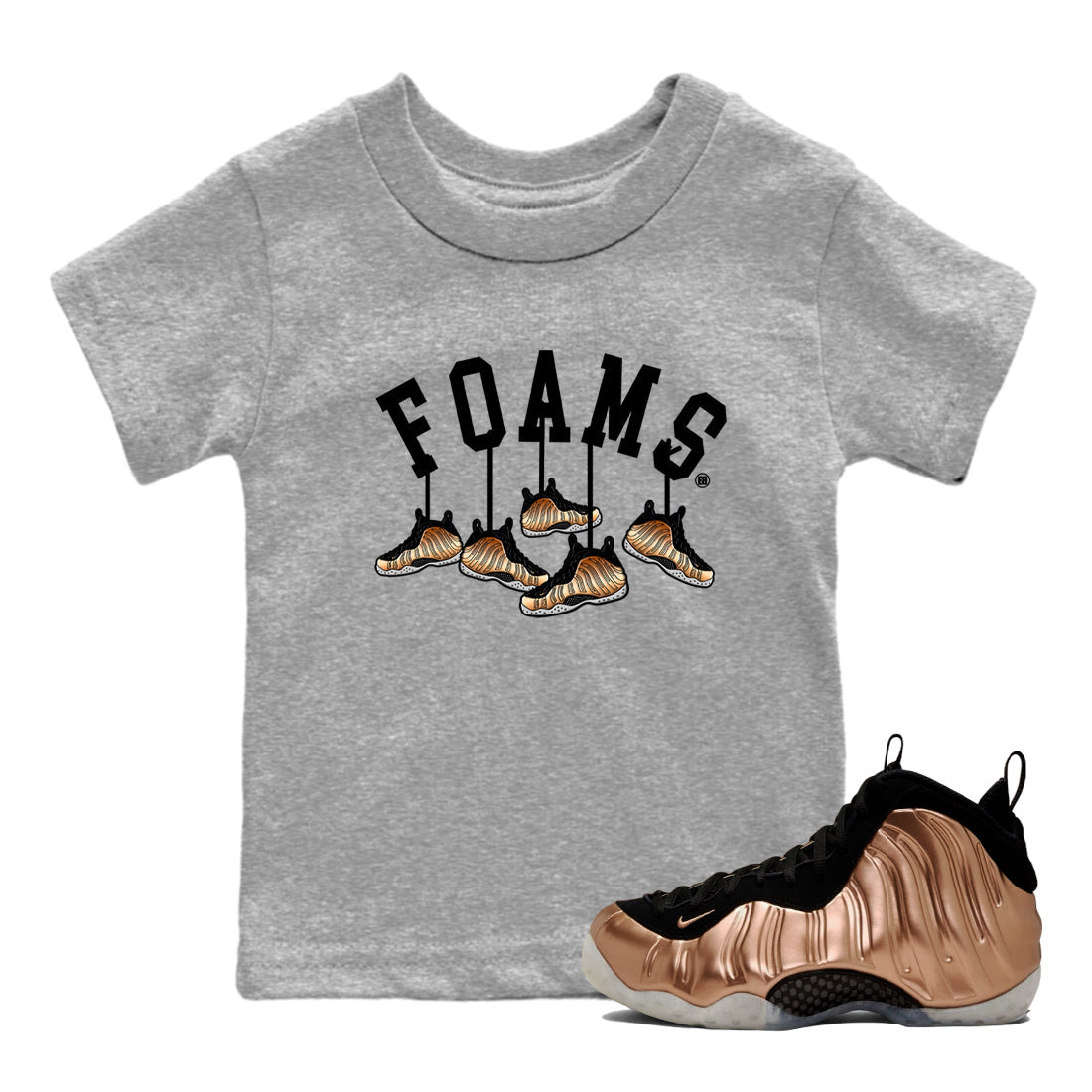 Foams One Metallic Copper shirts to match jordans Hanging Sneakers sneaker match tees Air Foamposite One Metallic Copper match shoes to clothes SNRT Sneaker Tees Youth Baby Heather Grey 1 tee