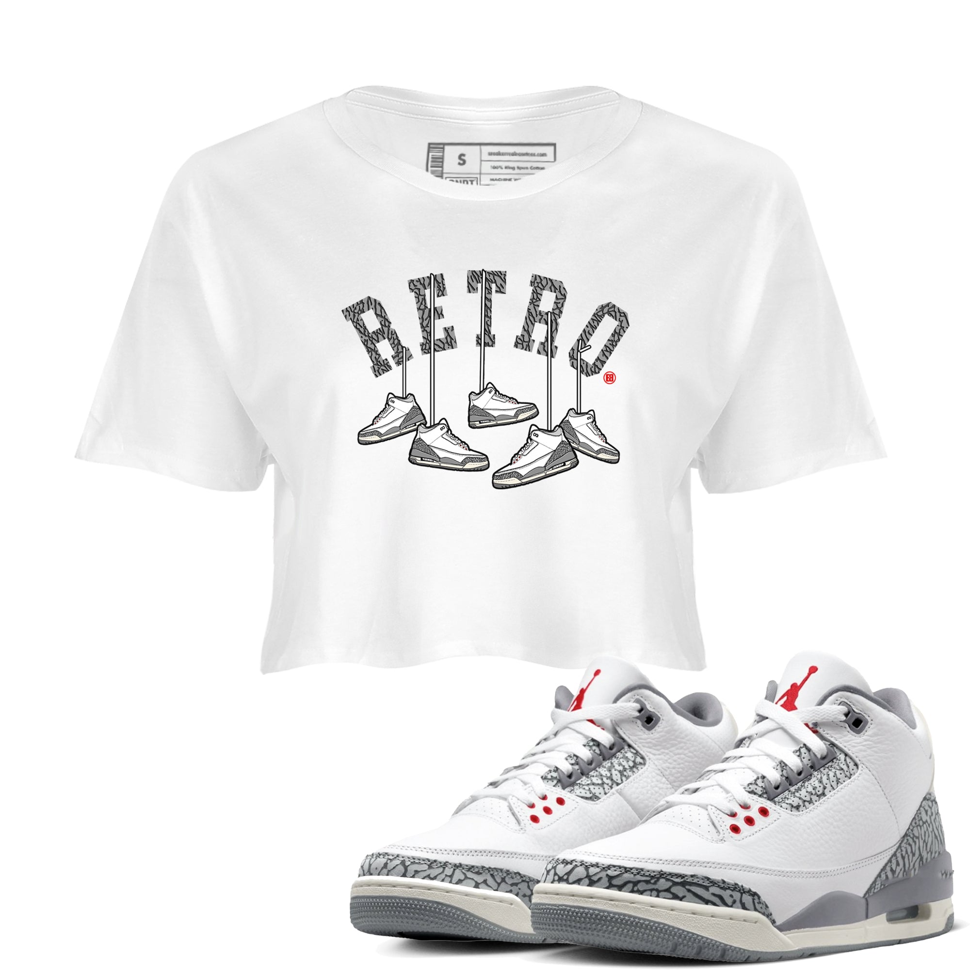 3s Cement Grey shirts to match jordans Hanging Sneakers sneaker match tees Air Jordan 3 Cement Grey SNRT Sneaker Tees streetwear brand White 1 crop tee