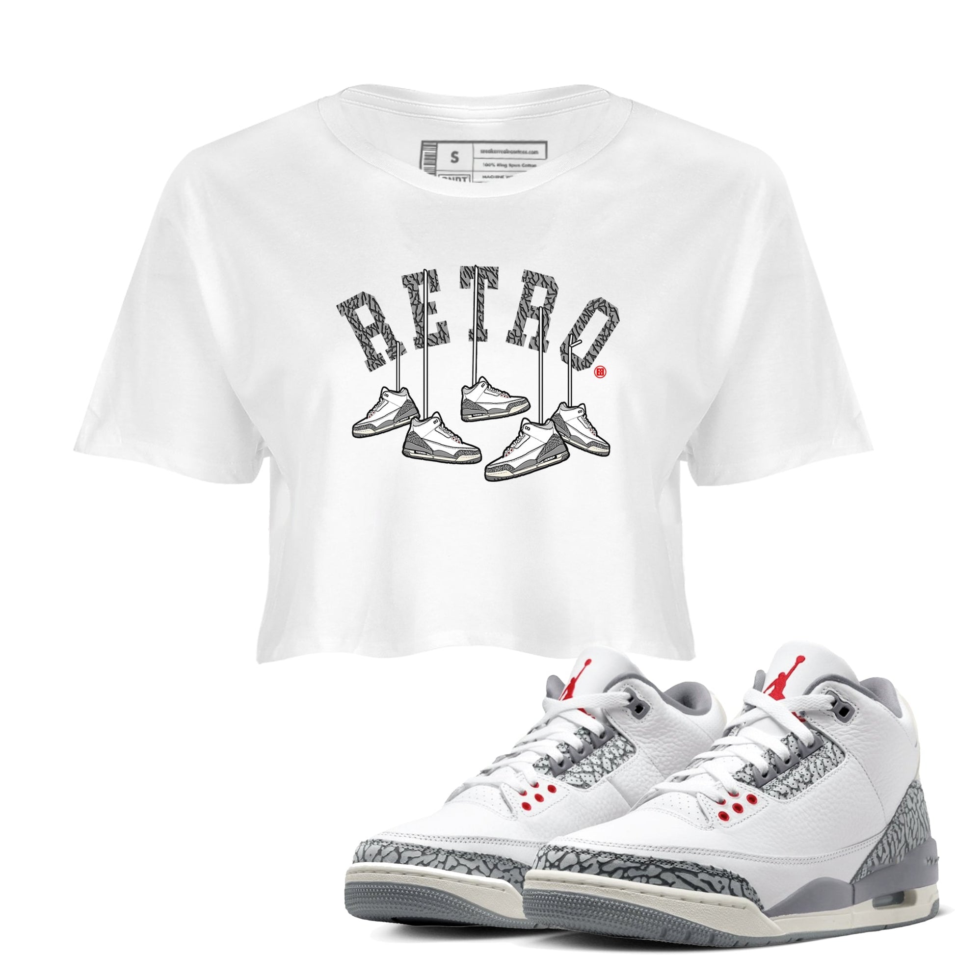3s Cement Grey shirts to match jordans Hanging Sneakers sneaker match tees Air Jordan 3 Cement Grey SNRT Sneaker Tees streetwear brand White 1 crop tee