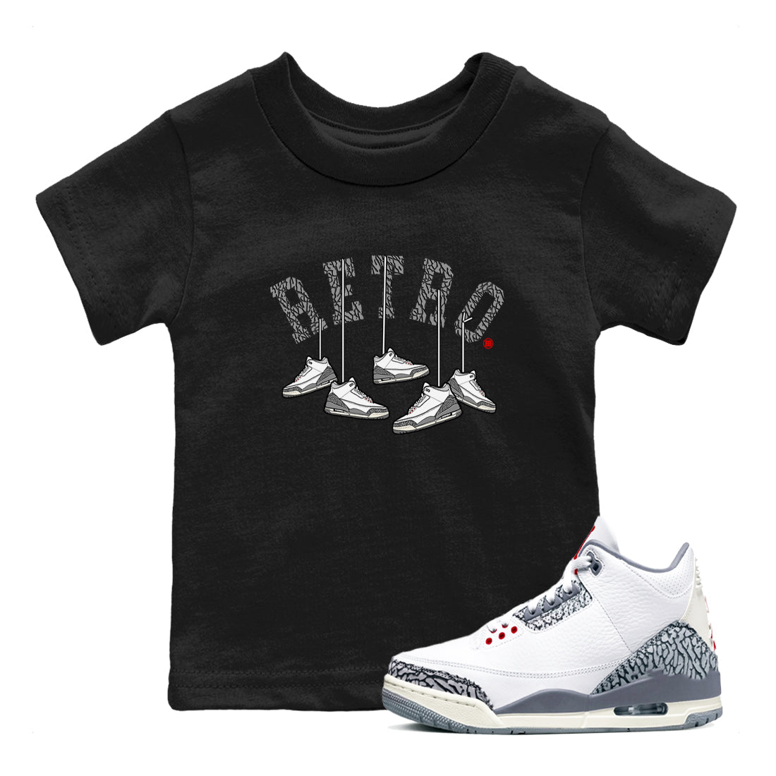 3s Cement Grey shirts to match jordans Hanging Sneakers sneaker match tees Air Jordan 3 Cement Grey SNRT Sneaker Tees streetwear brand Baby and Youth Black 1 cotton tee