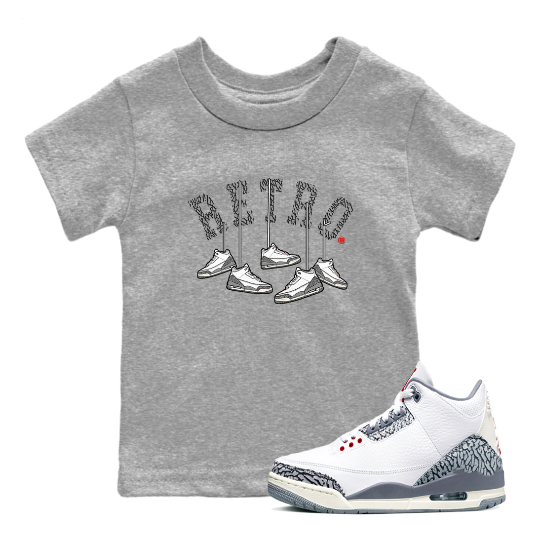 3s Cement Grey shirts to match jordans Hanging Sneakers sneaker match tees Air Jordan 3 Cement Grey SNRT Sneaker Tees streetwear brand Baby and Youth Heather Grey 1 cotton tee
