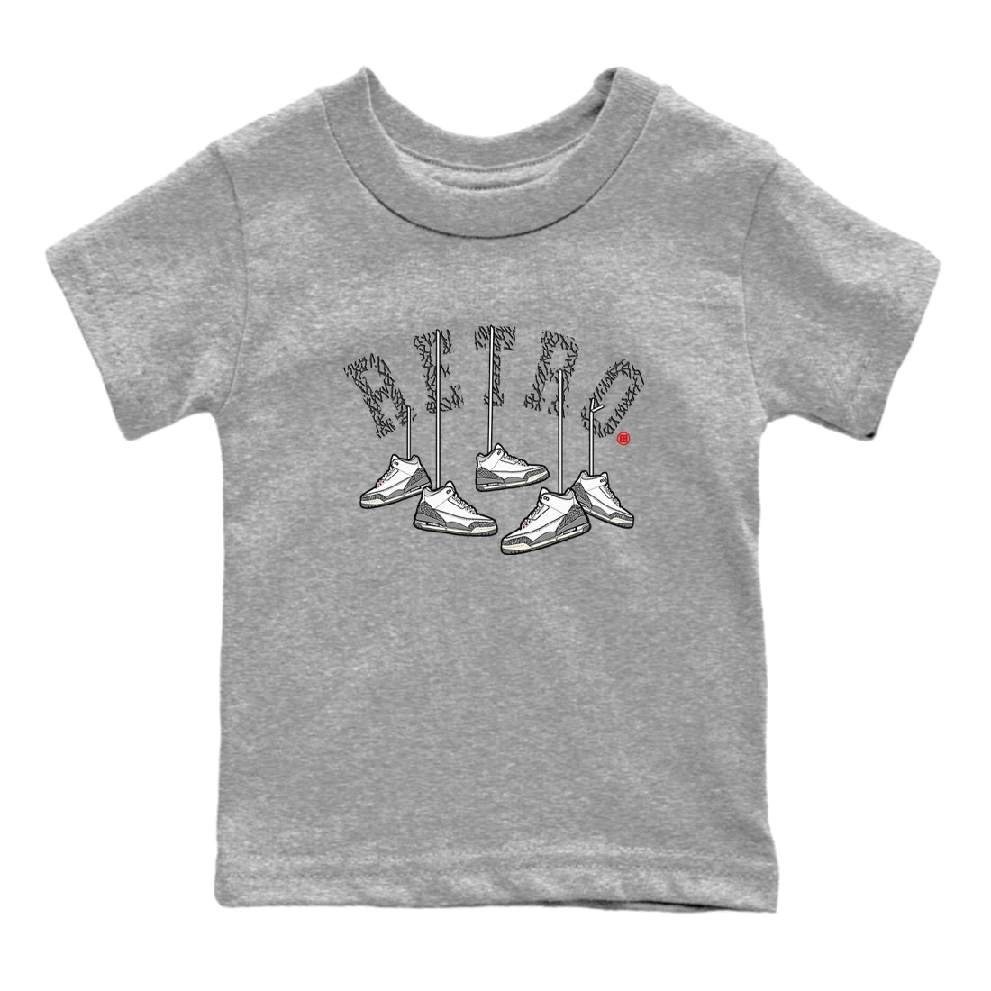 3s Cement Grey shirts to match jordans Hanging Sneakers sneaker match tees Air Jordan 3 Cement Grey SNRT Sneaker Tees streetwear brand Baby and Youth Heather Grey 2 cotton tee