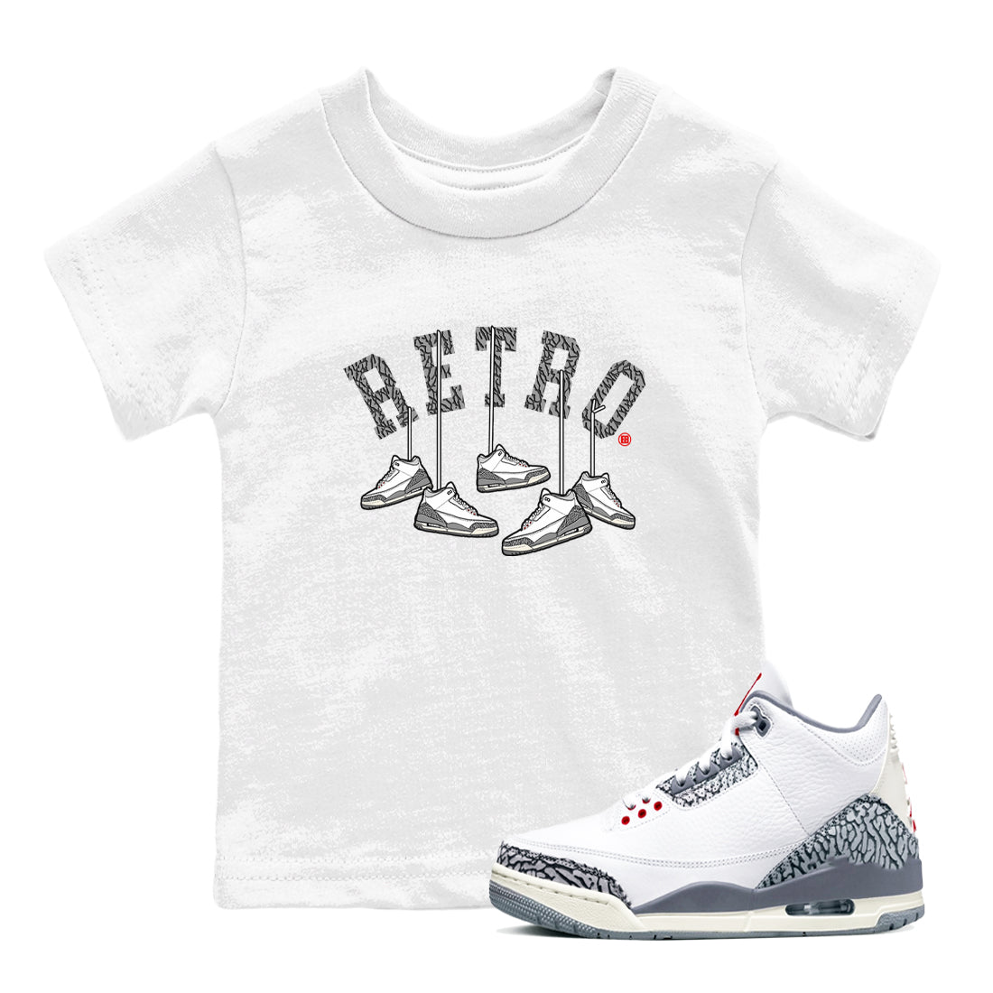 3s Cement Grey shirts to match jordans Hanging Sneakers sneaker match tees Air Jordan 3 Cement Grey SNRT Sneaker Tees streetwear brand Baby and Youth White 1 cotton tee