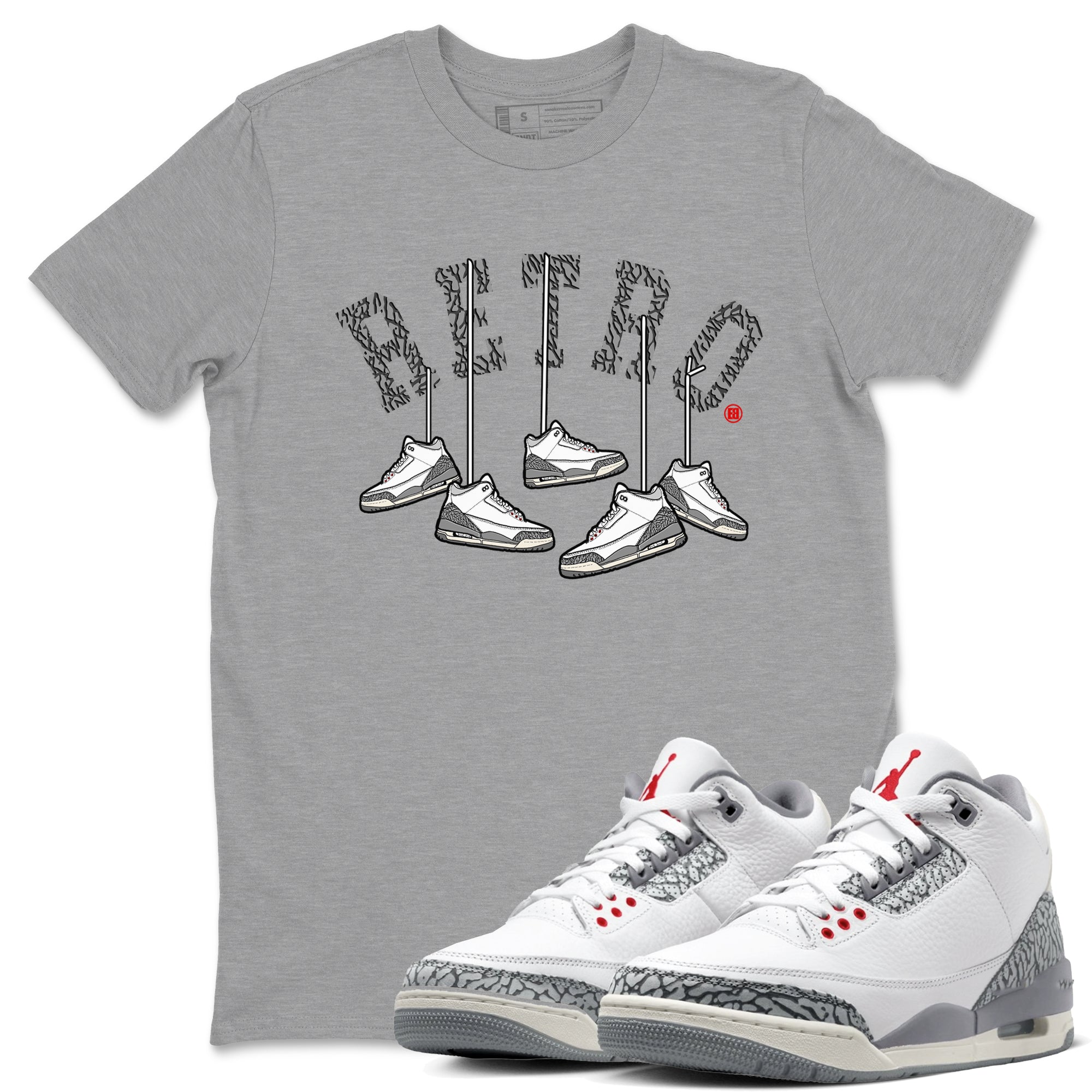 3s Cement Grey shirts to match jordans Hanging Sneakers sneaker match tees Air Jordan 3 Cement Grey SNRT Sneaker Tees streetwear brand Heather Grey 1 unisex cotton tee