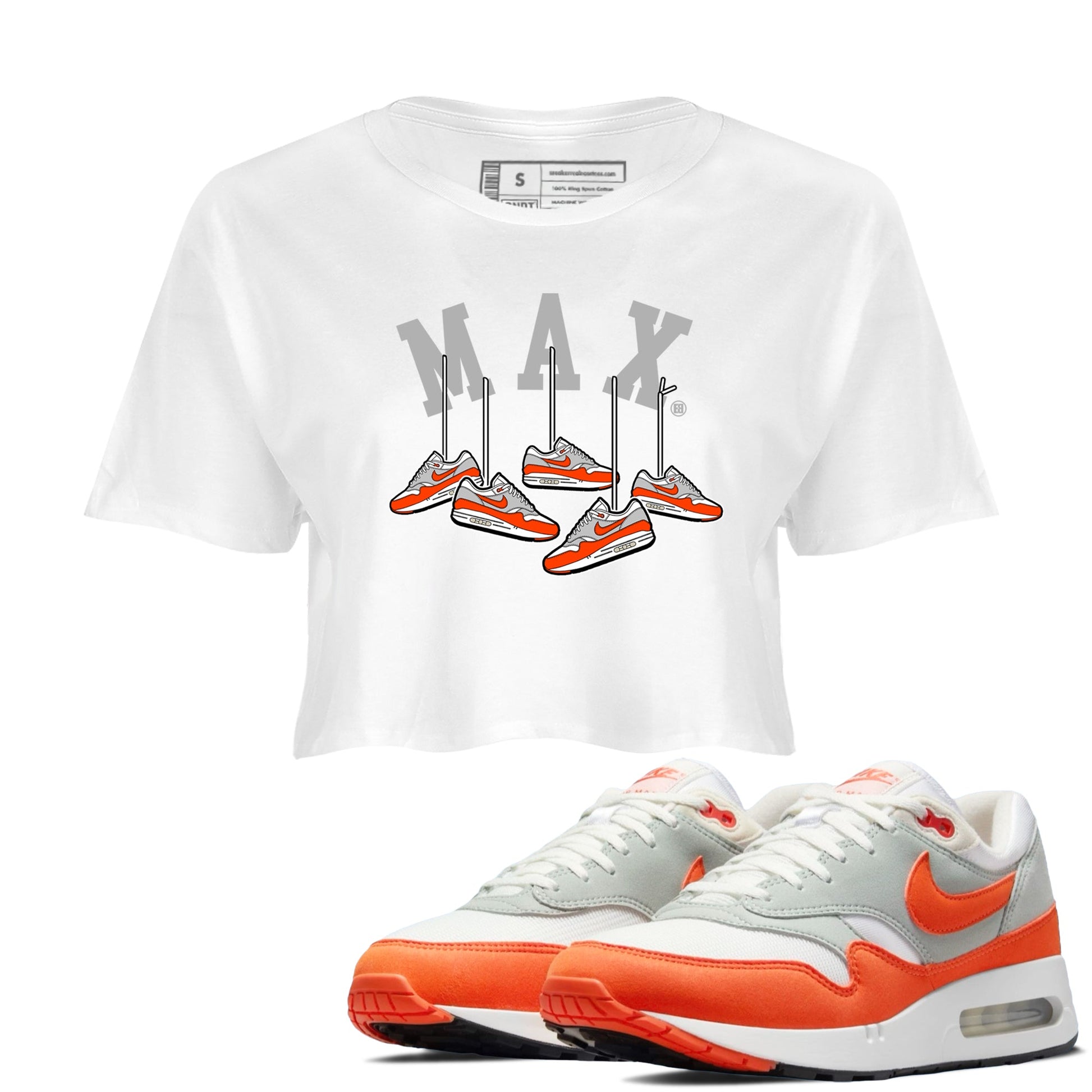 Air Max 1 OG '86 'Summit White and Cosmic Clay shirts to match jordans Hanging Sneakers sneaker match tees Air Max 1 Cosmic Clay match shoes to clothes SNRT Sneaker Tees unisex cotton White 1 crop tee