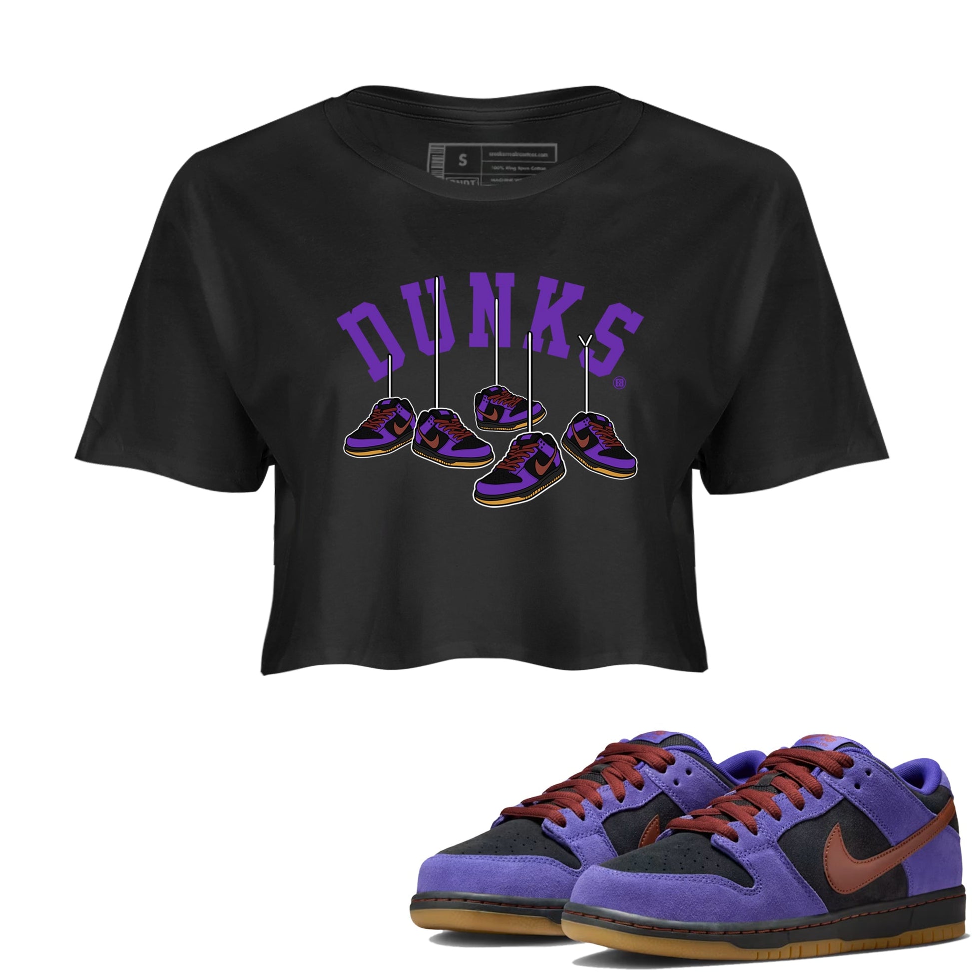 Sneaker match tees – Sneaker Threads To Match Dunk Low Persian Violet Shoes – Hanging Sneakers Crop T-Shirt Black 1