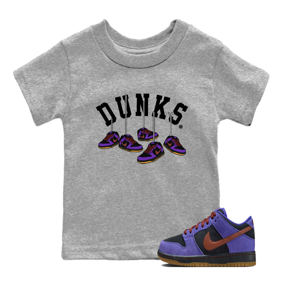 Sneaker match tees – Sneaker Threads To Match Dunk Low Persian Violet Shoes – Hanging Sneakers Kids T-Shirt Heather Grey 1