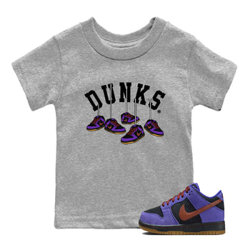 Sneaker match tees – Sneaker Threads To Match Dunk Low Persian Violet Shoes – Hanging Sneakers Kids T-Shirt Heather Grey 1