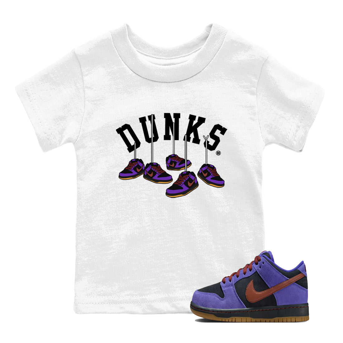 Sneaker match tees – Sneaker Threads To Match Dunk Low Persian Violet Shoes – Hanging Sneakers Kids T-Shirt White 1
