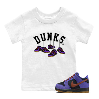 Sneaker match tees – Sneaker Threads To Match Dunk Low Persian Violet Shoes – Hanging Sneakers Kids T-Shirt White 1