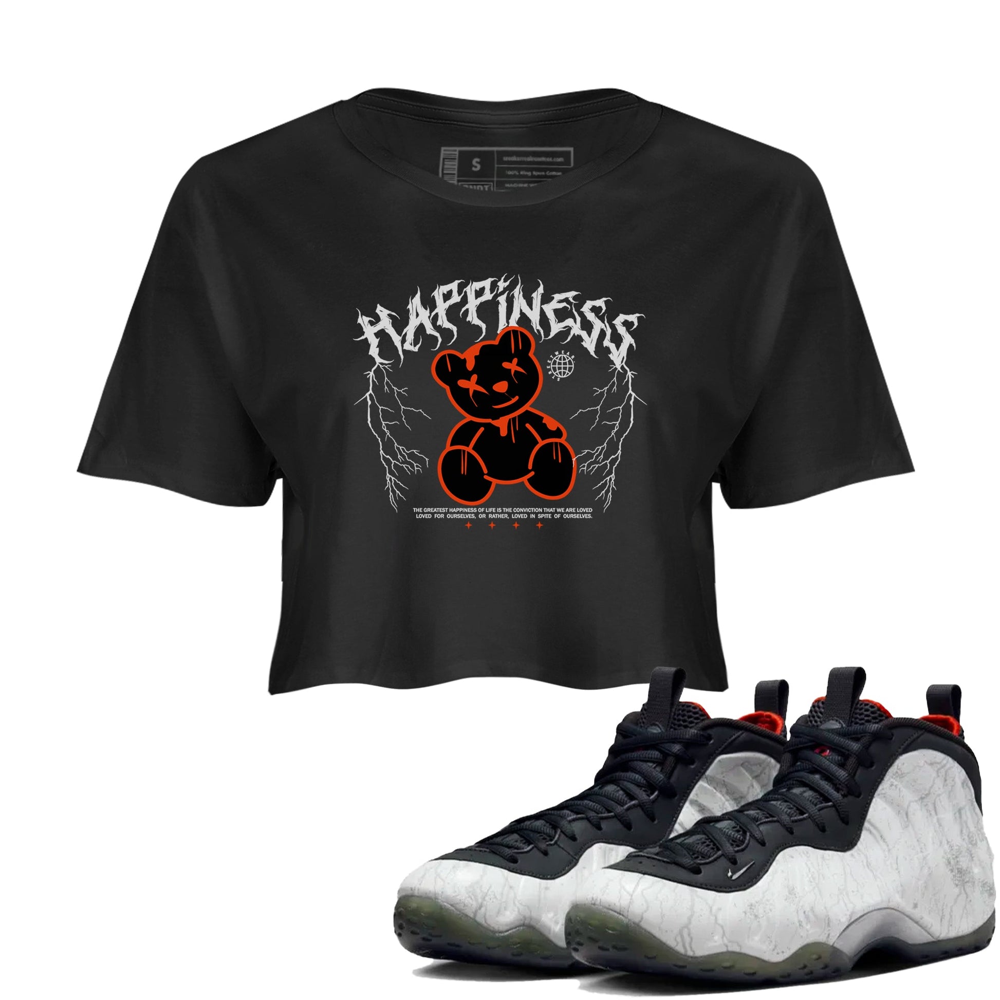 Foams One Jin shirts to match jordans Happiness Bear sneaker match tees Air Foamposite One Jin match shoes to clothes SNRT Sneaker Tees unisex cotton Black 1 crop tee