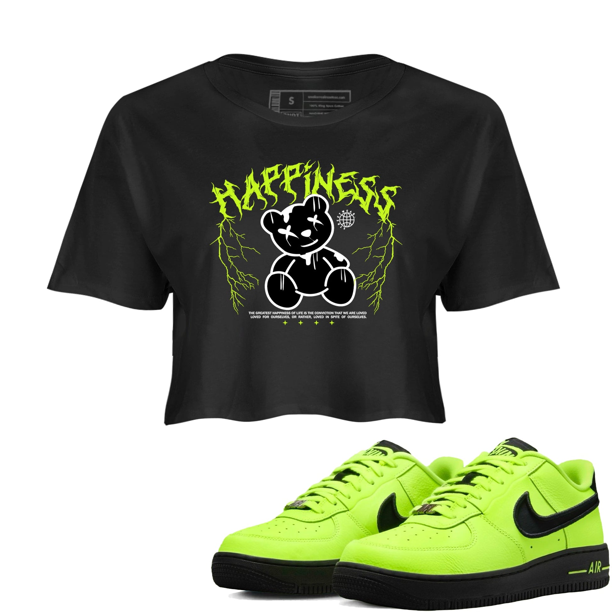Air Force 1 Low Dance Volt t-shirts to match sneakers Happiness Bear sneaker match tees Air Force 1 Volt match shoes to clothes SNRT Sneaker Tees unisex cotton Black 1 crop tee