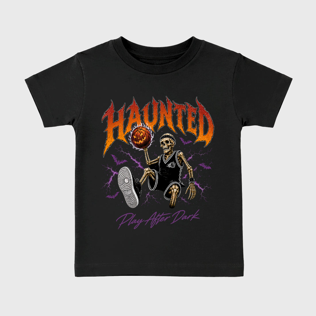 Haunted Hoops Baby & Kids Graphic T-Shirt featuring original artwork designed to match the Halloween. Black 2 Kids Graphic Tee.
