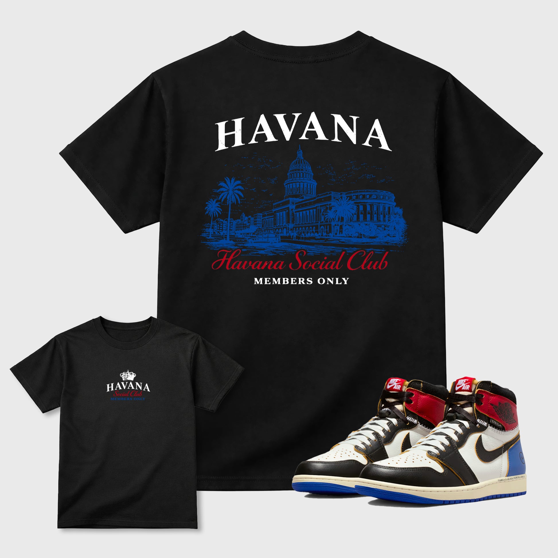 Havana Club sneaker match t-shirt styled to complete your fit with the Air Jordan 1 Union x Fragment sneakers, Front and Back Graphic Tee