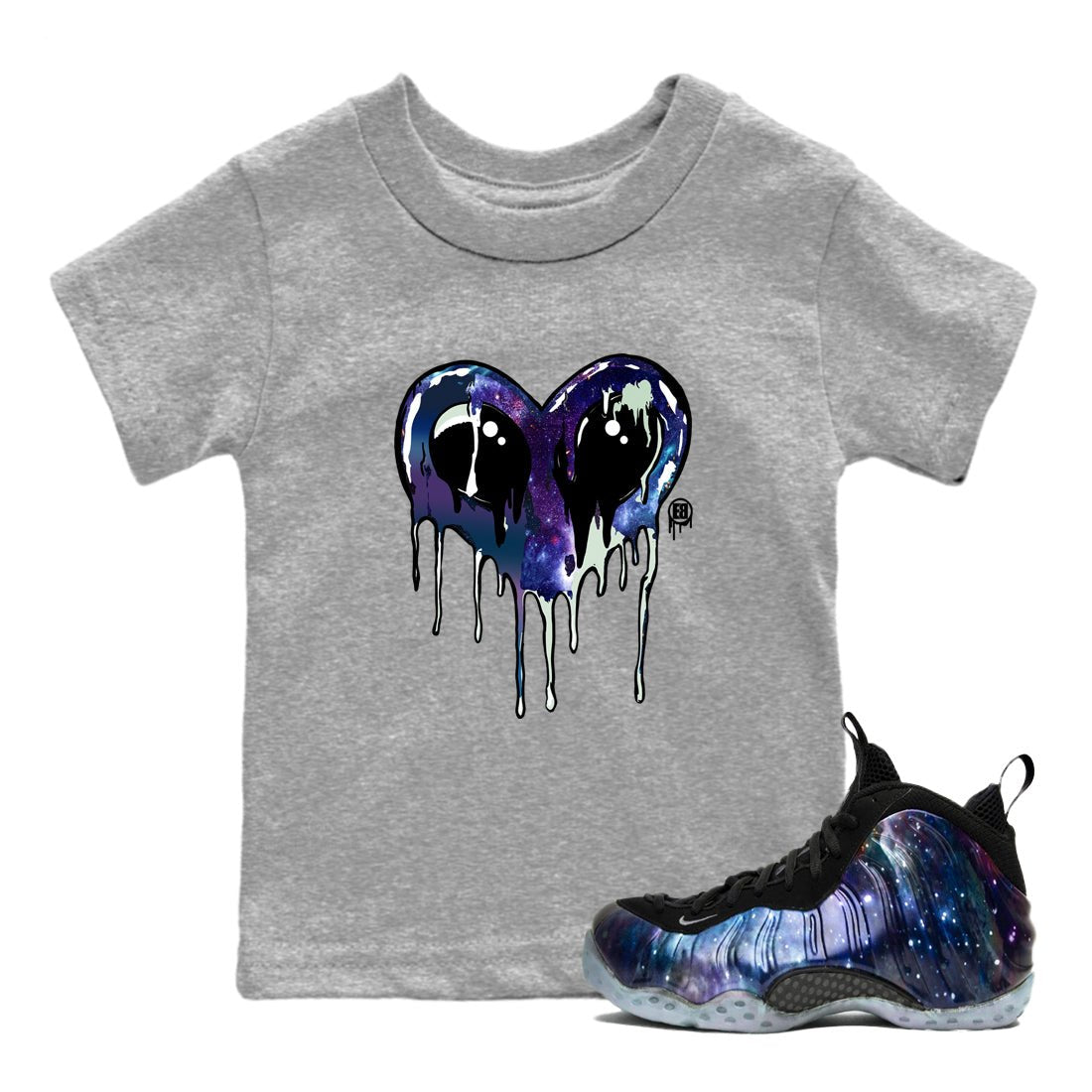 Foams One Galaxy shirts to match jordans Heart Alien sneaker match tees Air Foamposite One Galaxy match shoes to clothes SNRT Sneaker Tees Youth Baby Heather Grey 1 tee