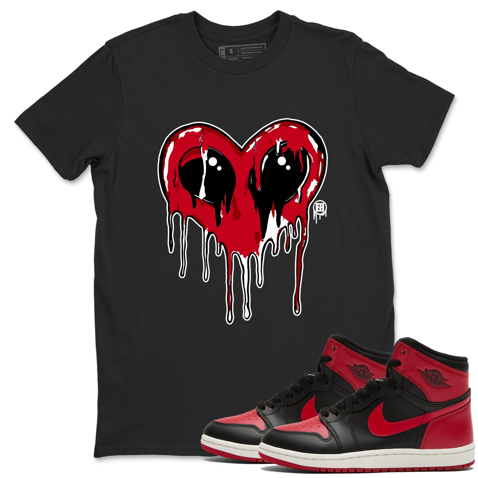 Jordan 1 High '85 "Bred" Graphic shirts Heart Alien Valentine Gift shirts Air Jordan 1 '85 Bred best t-shirts to wear with jordans SNRT Sneaker Tees unisex cotton Black 1 shirts