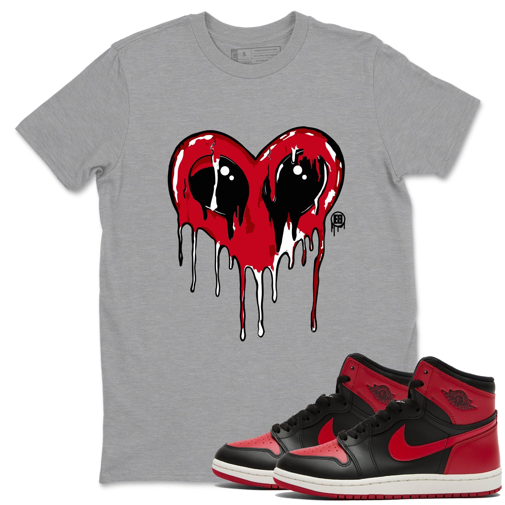 Jordan 1 High '85 "Bred" Graphic shirts Heart Alien Valentine Gift shirts Air Jordan 1 '85 Bred best t-shirts to wear with jordans SNRT Sneaker Tees unisex cotton Heather Grey 1 shirts
