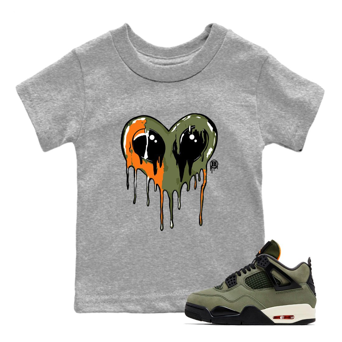 Sneaker match tees – Sneaker Tees To Match Undefeated inspired colorways Air Jordan 4 OG Olive Shoes  – Heart Alien Kids T-Shirt Heather Grey 1