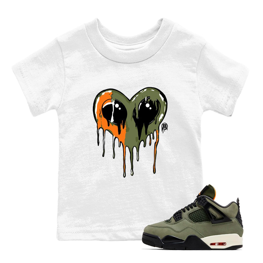 Sneaker match tees – Sneaker Tees To Match Undefeated inspired colorways Air Jordan 4 OG Olive Shoes  – Heart Alien Kids T-Shirt White 1