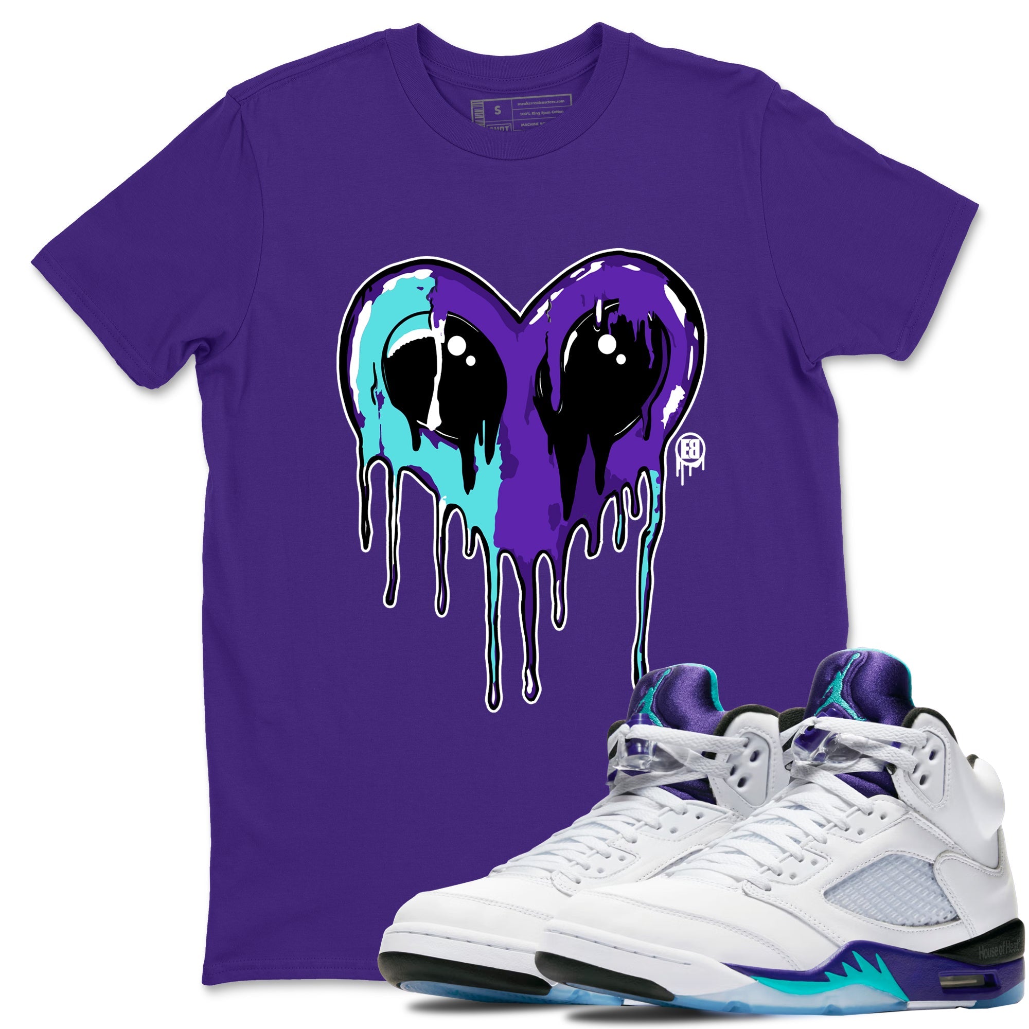 Air Jordan 5 Grape Graphic shirts Heart Alien Valentine Gift shirts 5 Retro Grape best t-shirts to wear with jordans SNRT Sneaker Tees unisex cotton Purple 1 shirts