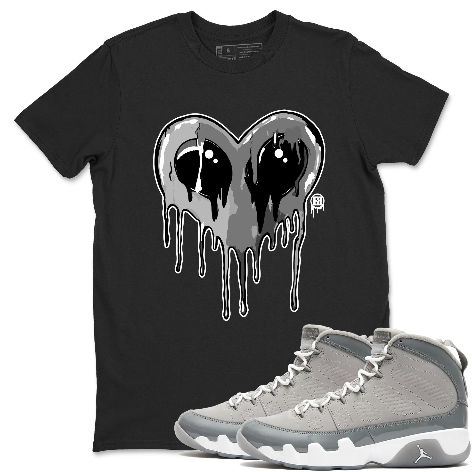 Air Jordan 9 Cool Grey Graphic shirts Heart Alien Valentine Gift shirts Air Jordan 9 Cool Grey best t-shirts to wear with jordans SNRT Sneaker Tees unisex cotton Black 1 shirts