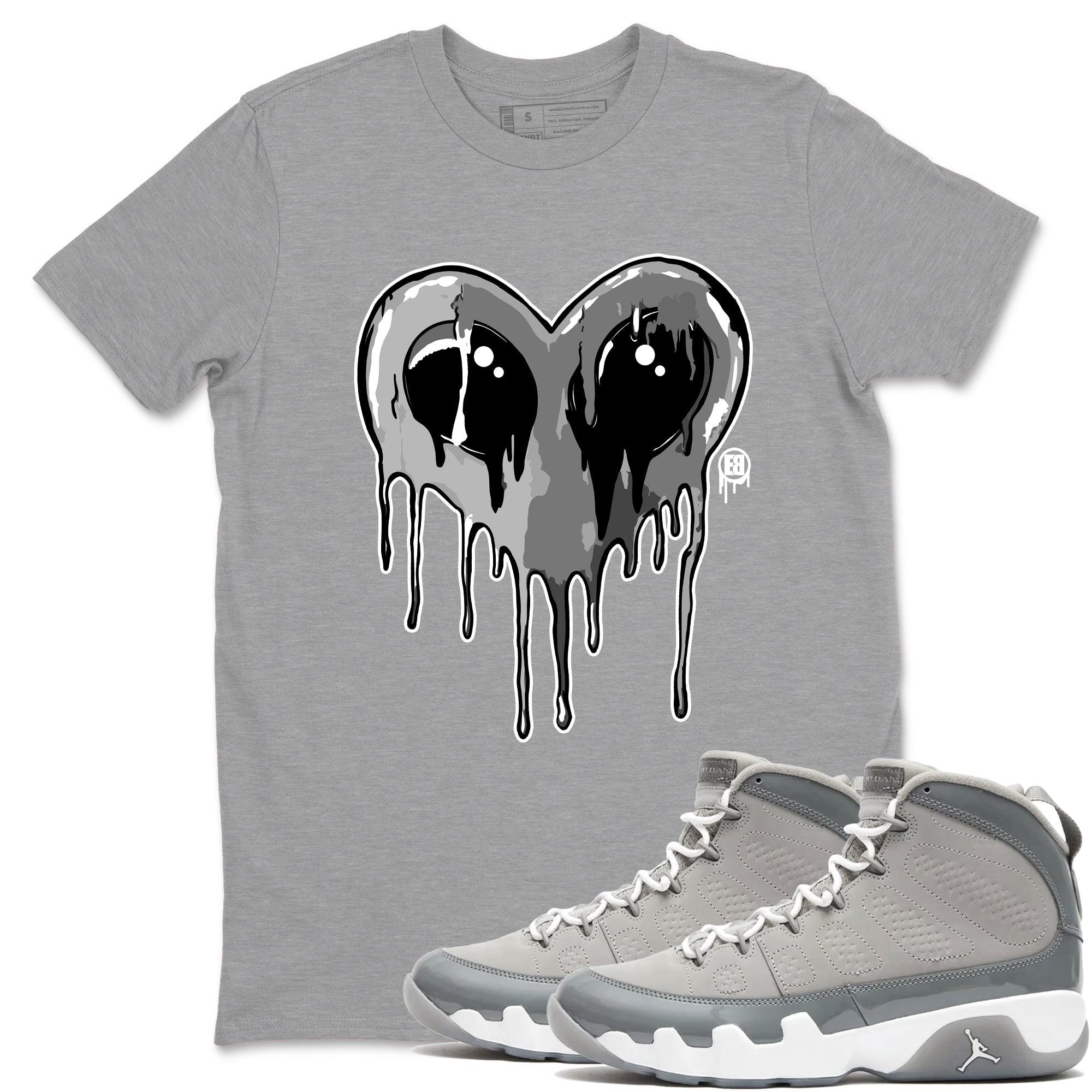 Air Jordan 9 Cool Grey Graphic shirts Heart Alien Valentine Gift shirts Air Jordan 9 Cool Grey best t-shirts to wear with jordans SNRT Sneaker Tees unisex cotton Heather Grey 1 shirts