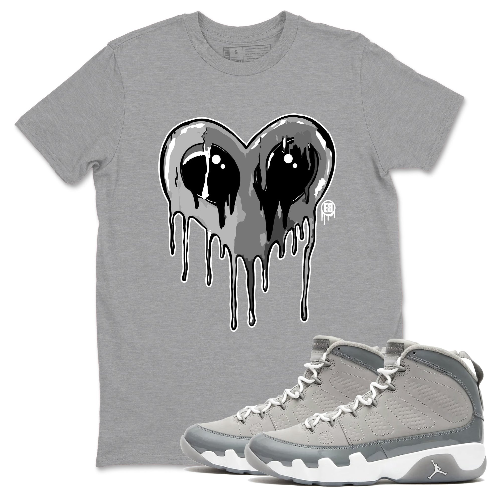 Air Jordan 9 Cool Grey Graphic shirts Heart Alien Valentine Gift shirts Air Jordan 9 Cool Grey best t-shirts to wear with jordans SNRT Sneaker Tees unisex cotton Heather Grey 1 shirts