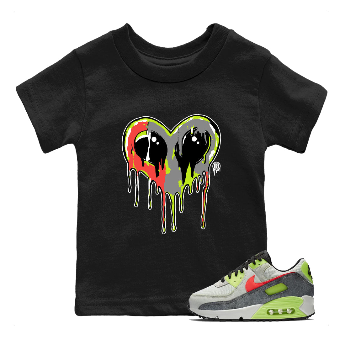 Sneaker Threads – Sneaker Tees To Match Air Max 90 Spruce Aura and Ghost Green – Heart Alien Youth Graphic Tee Black 1. Perfect for Jordan releases 2025 colorways.