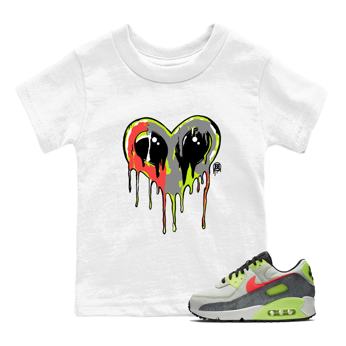 Sneaker Threads – Sneaker Tees To Match Air Max 90 Spruce Aura and Ghost Green – Heart Alien Youth Graphic Tee White 1. Perfect for Jordan releases 2025 colorways.