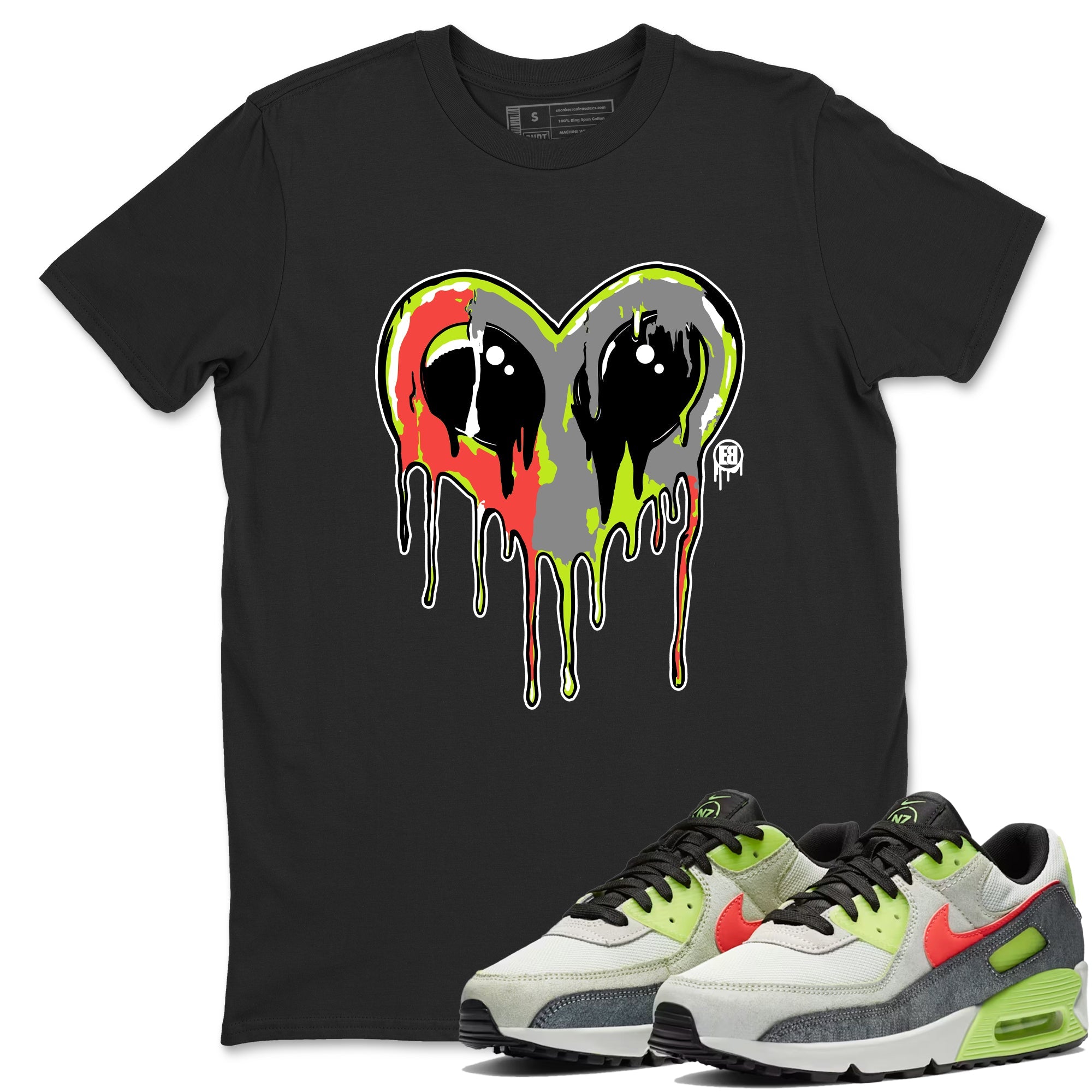 Sneaker Threads – Sneaker Tees To Match Air Max 90 Spruce Aura and Ghost Green – Heart Alien Graphic Tee Black 1. Perfect for Jordan releases 2025 colorways.