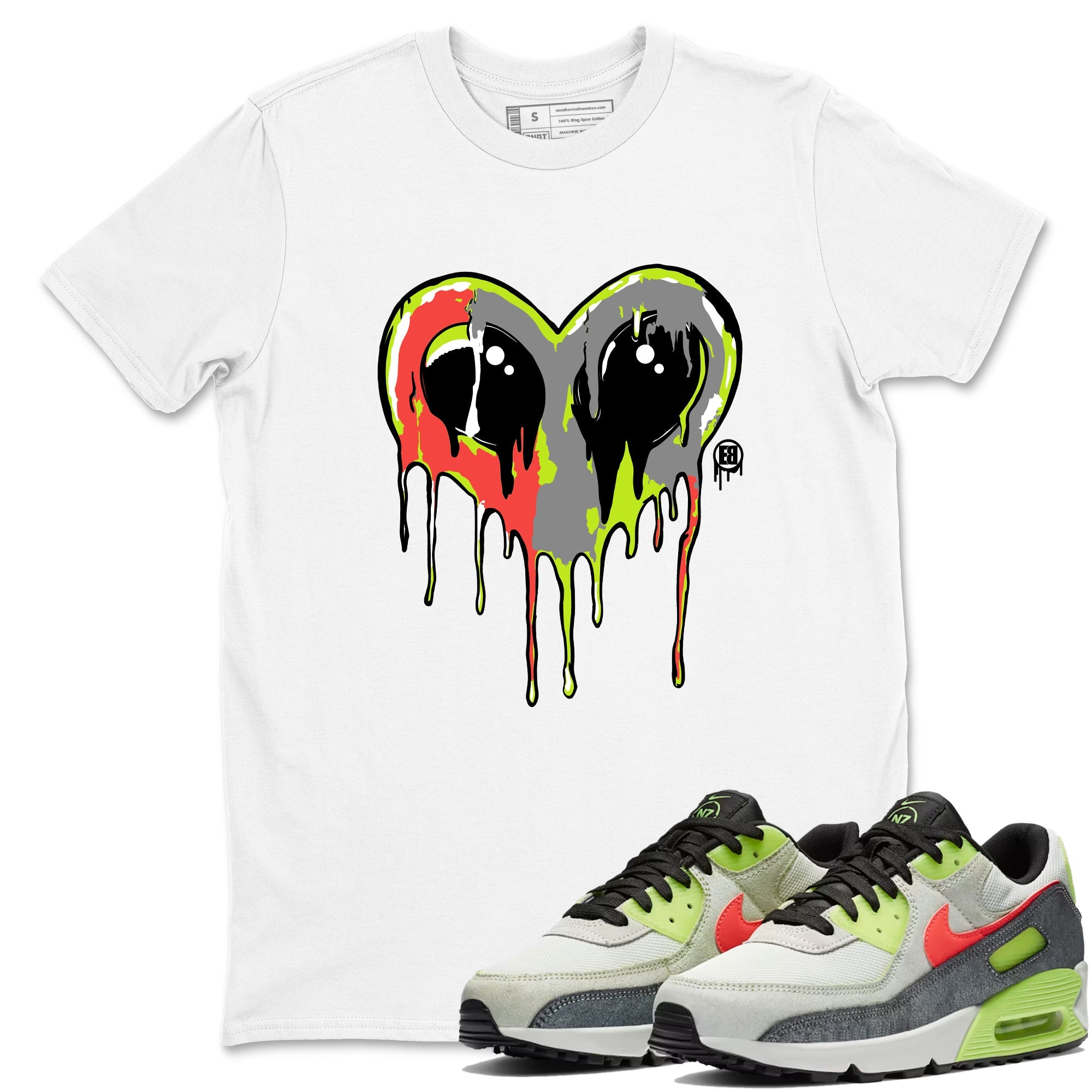 Sneaker Threads – Sneaker Tees To Match Air Max 90 Spruce Aura and Ghost Green – Heart Alien Graphic Tee White 1. Perfect for Jordan releases 2025 colorways.