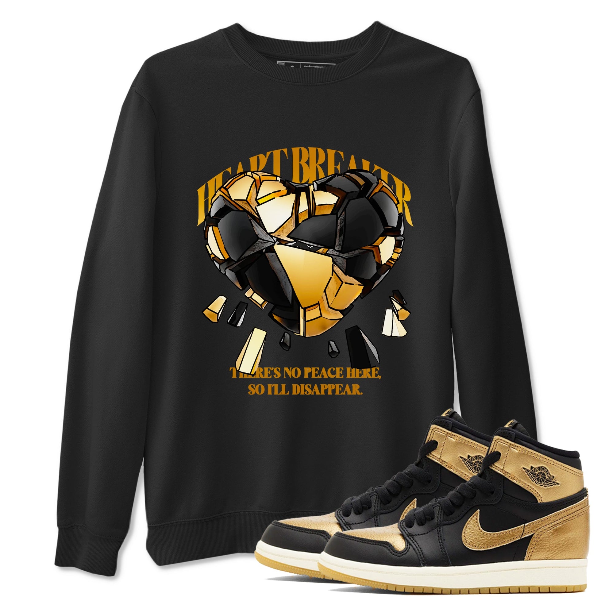 1s Black Metallic Gold shirts to match jordans Heart Breaker sneaker match tees Air Jordan 1 Black Metallic Gold SNRT Sneaker Tees streetwear brand Black 1 unisex cotton tee