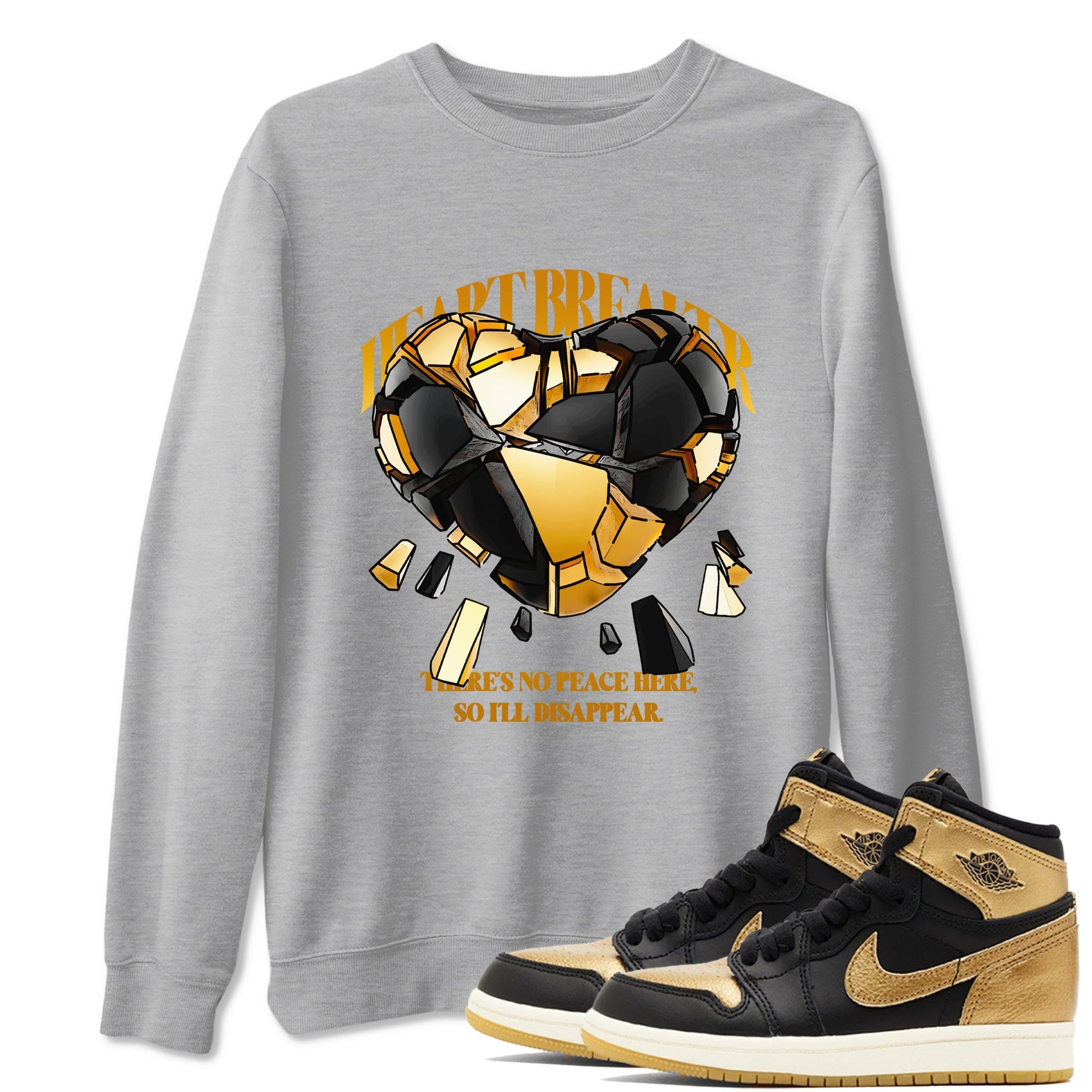 1s Black Metallic Gold shirts to match jordans Heart Breaker sneaker match tees Air Jordan 1 Black Metallic Gold SNRT Sneaker Tees streetwear brand Heather Grey 1 unisex cotton tee