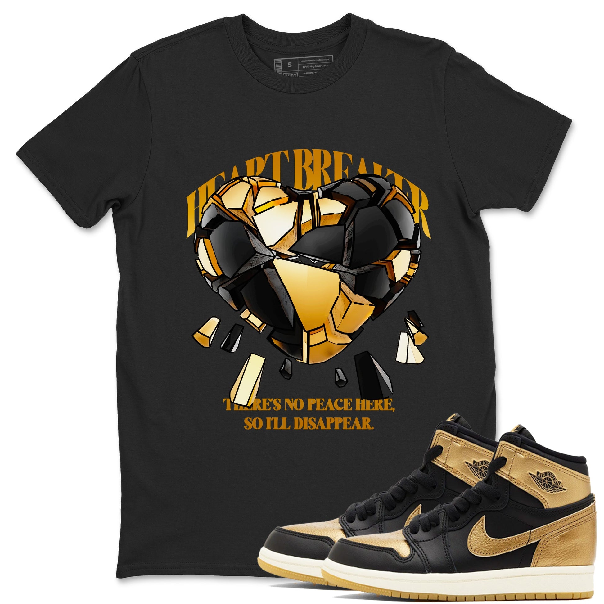 1s Black Metallic Gold shirts to match jordans Heart Breaker sneaker match tees Air Jordan 1 Black Metallic Gold SNRT Sneaker Tees streetwear brand Black 1 unisex cotton tee